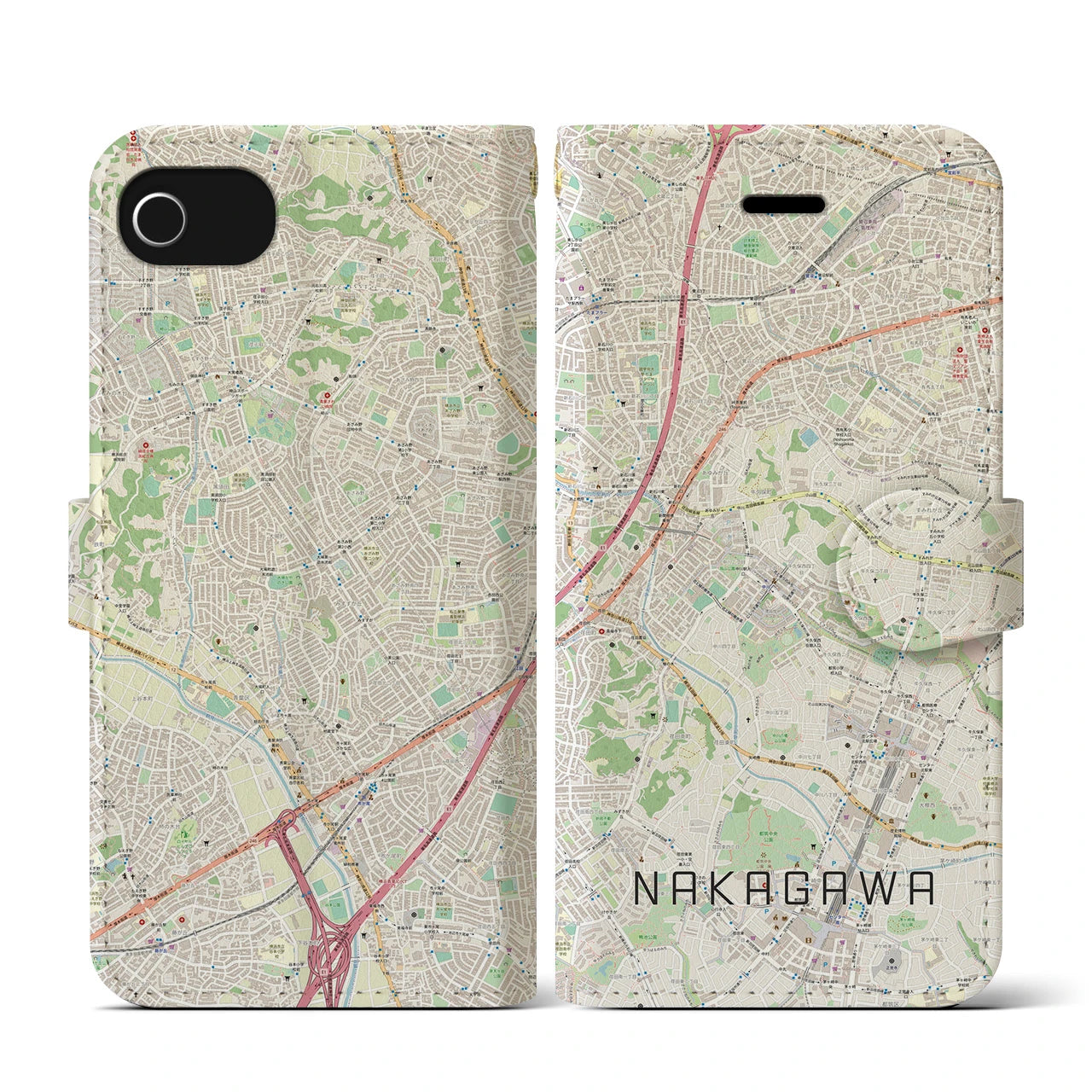【中川(神奈川県)】地図柄iPhoneケース(手帳タイプ)ナチュラル・iPhone SE(第3 / 第2世代) / 8 / 7 / 6s / 6 用