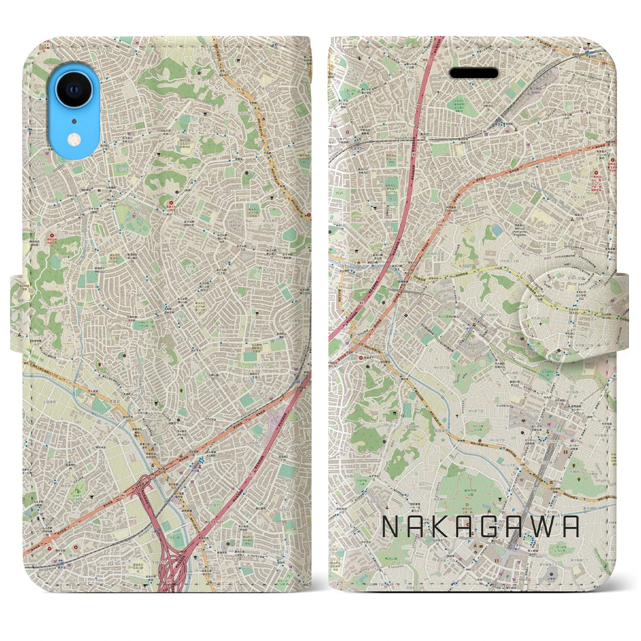 【中川(神奈川県)】地図柄iPhoneケース(手帳タイプ)ナチュラル・iPhone XR 用