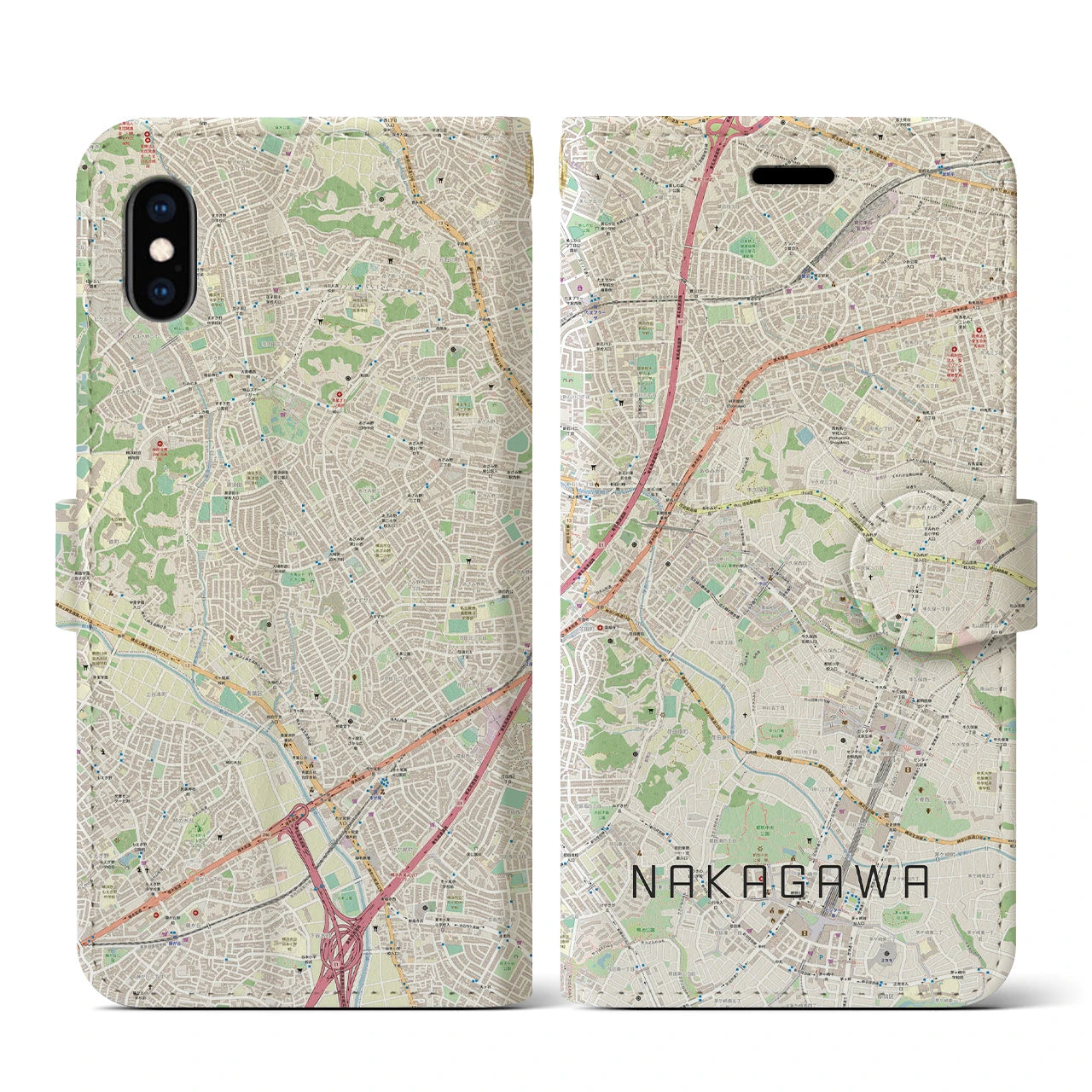 【中川(神奈川県)】地図柄iPhoneケース(手帳タイプ)ナチュラル・iPhone XS / X 用