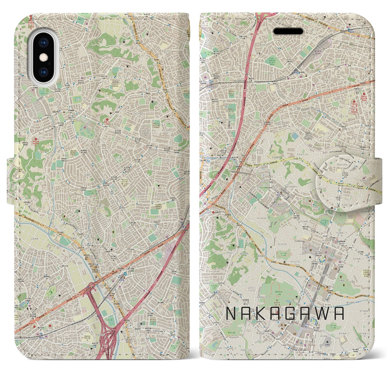 【中川(神奈川県)】地図柄iPhoneケース(手帳タイプ)ナチュラル・iPhone XS Max 用