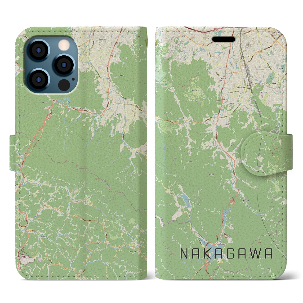 【那珂川(福岡県)】地図柄iPhoneケース(手帳タイプ)ナチュラル・iPhone 12 / 12 Pro 用