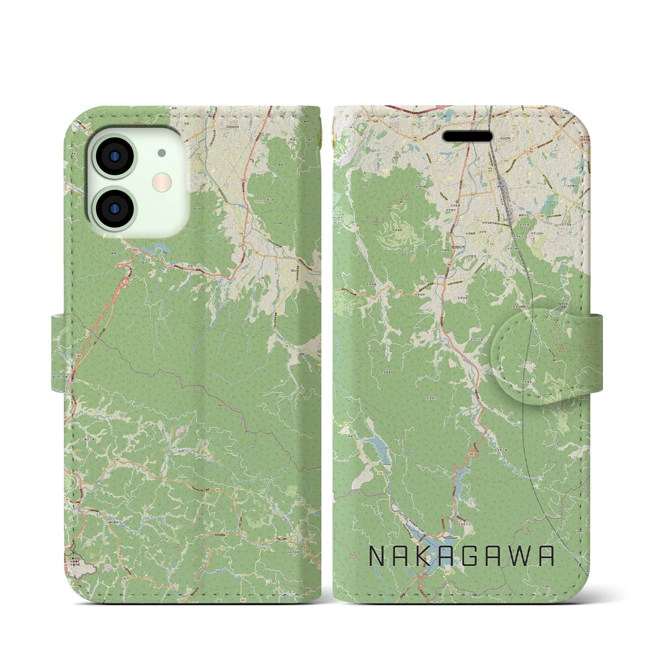 【那珂川(福岡県)】地図柄iPhoneケース(手帳タイプ)ナチュラル・iPhone 12 mini 用