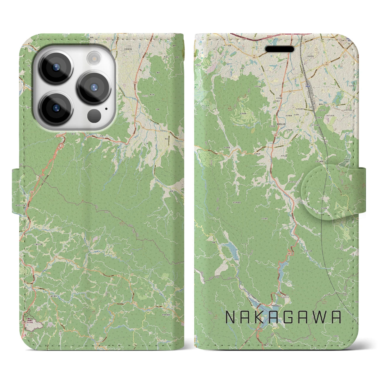 【那珂川(福岡県)】地図柄iPhoneケース(手帳タイプ)ナチュラル・iPhone 14 Pro 用