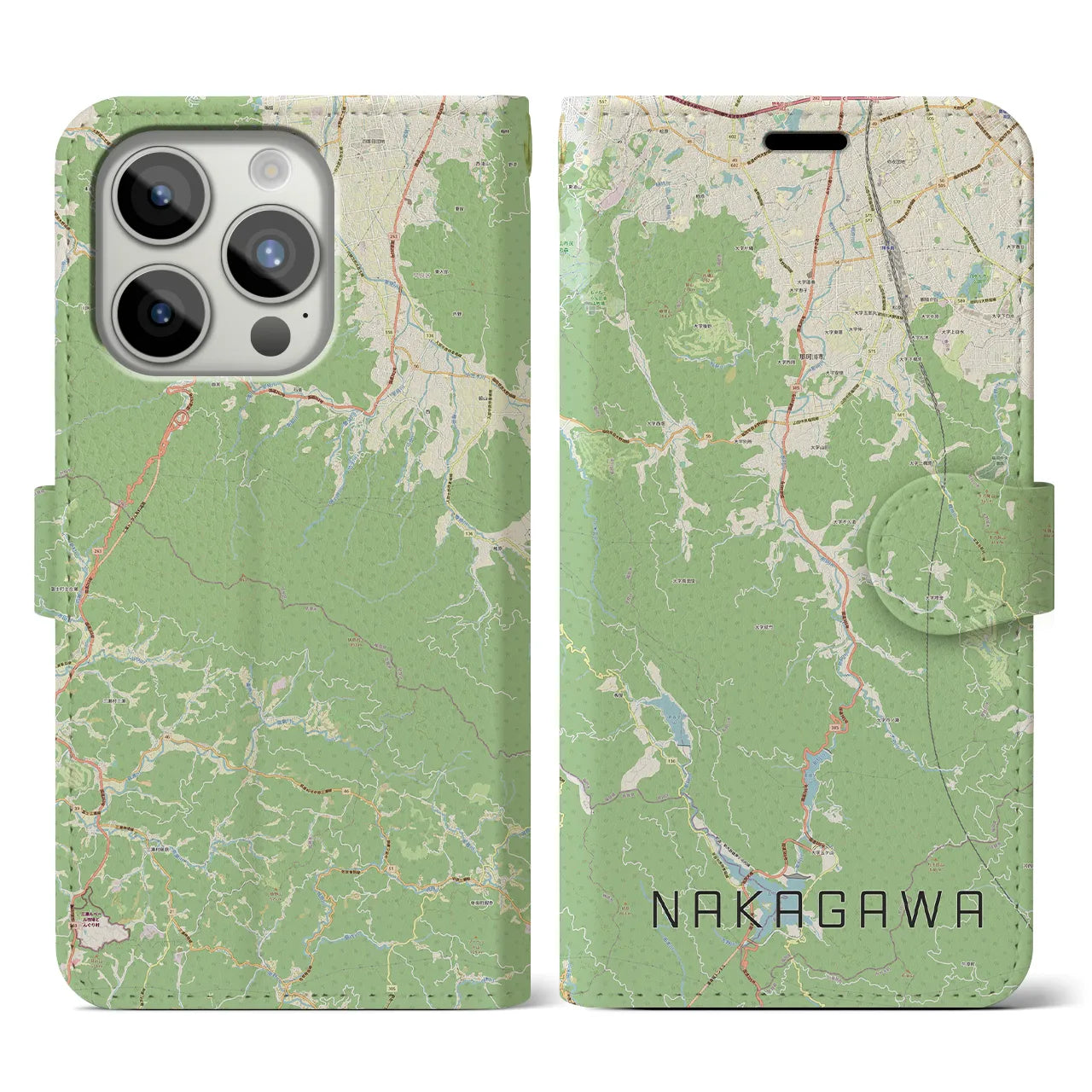 【那珂川(福岡県)】地図柄iPhoneケース(手帳タイプ)ナチュラル・iPhone 15 Pro 用