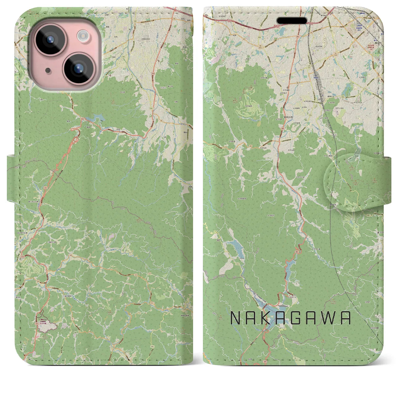【那珂川(福岡県)】地図柄iPhoneケース(手帳タイプ)ナチュラル・iPhone 15 Plus 用