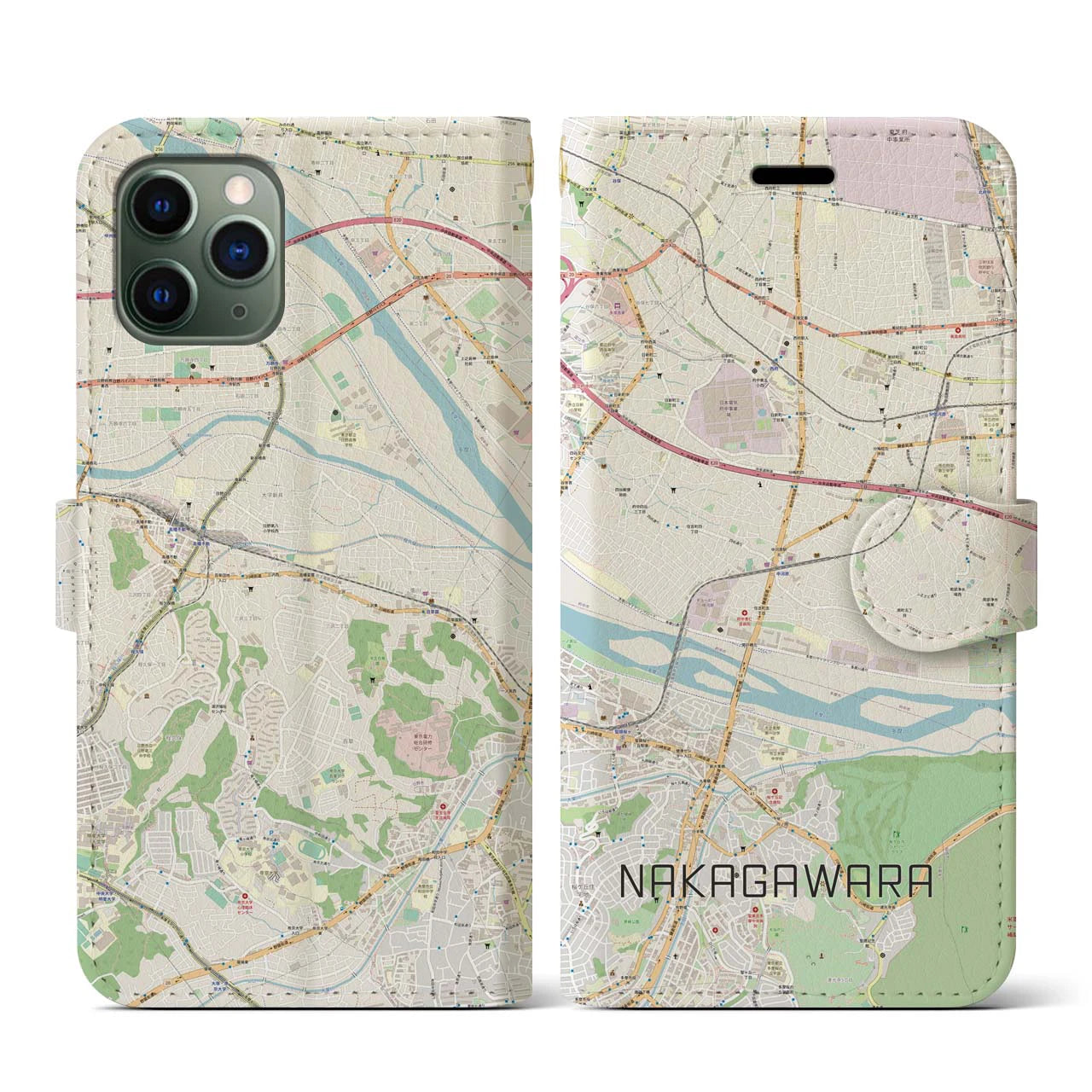 【中河原(東京都)】地図柄iPhoneケース(手帳タイプ)ナチュラル・iPhone 11 Pro 用
