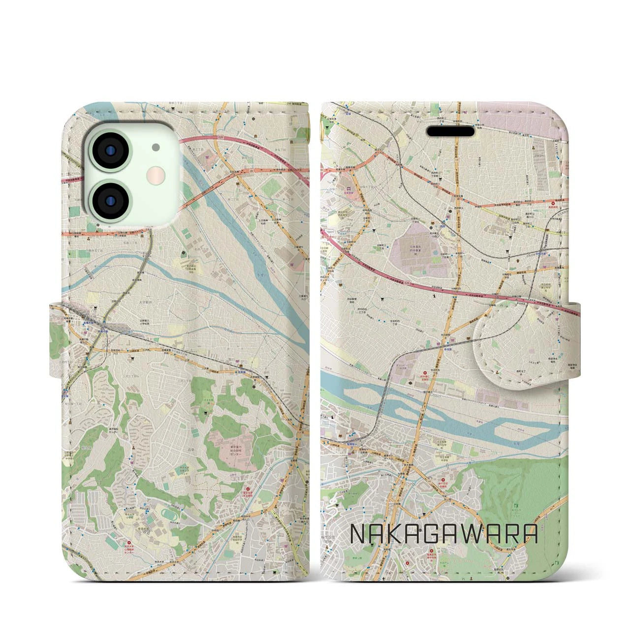 【中河原(東京都)】地図柄iPhoneケース(手帳タイプ)ナチュラル・iPhone 12 mini 用