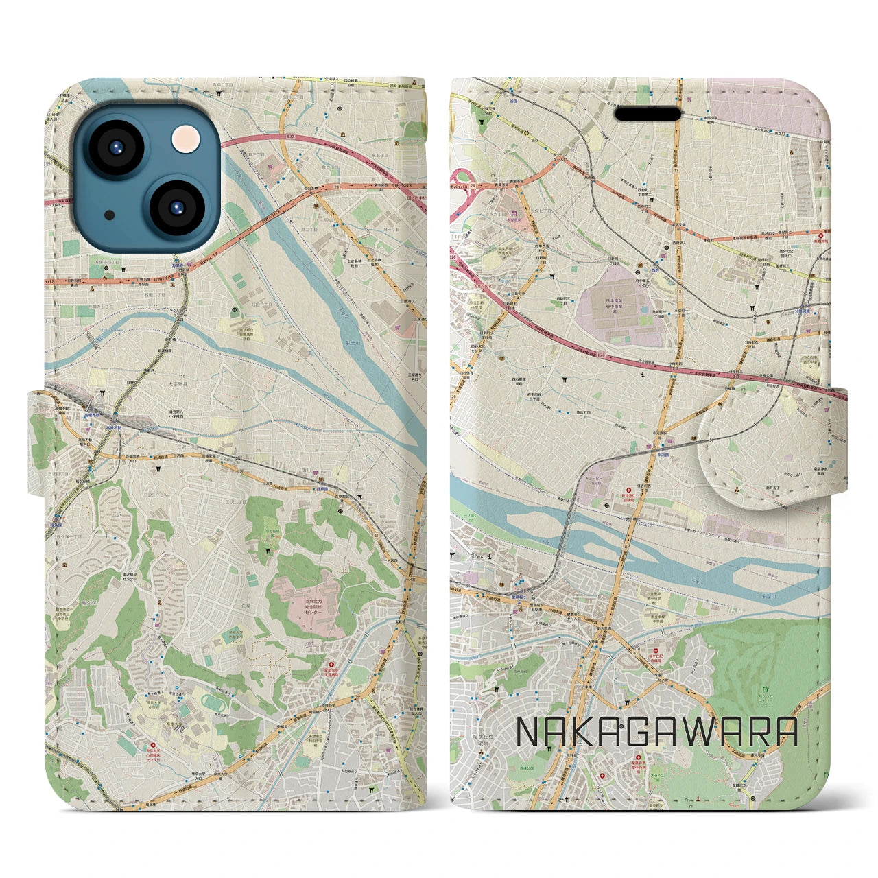 【中河原(東京都)】地図柄iPhoneケース(手帳タイプ)ナチュラル・iPhone 13 用