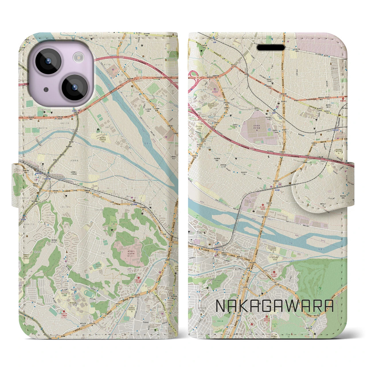 【中河原(東京都)】地図柄iPhoneケース(手帳タイプ)ナチュラル・iPhone 14 用