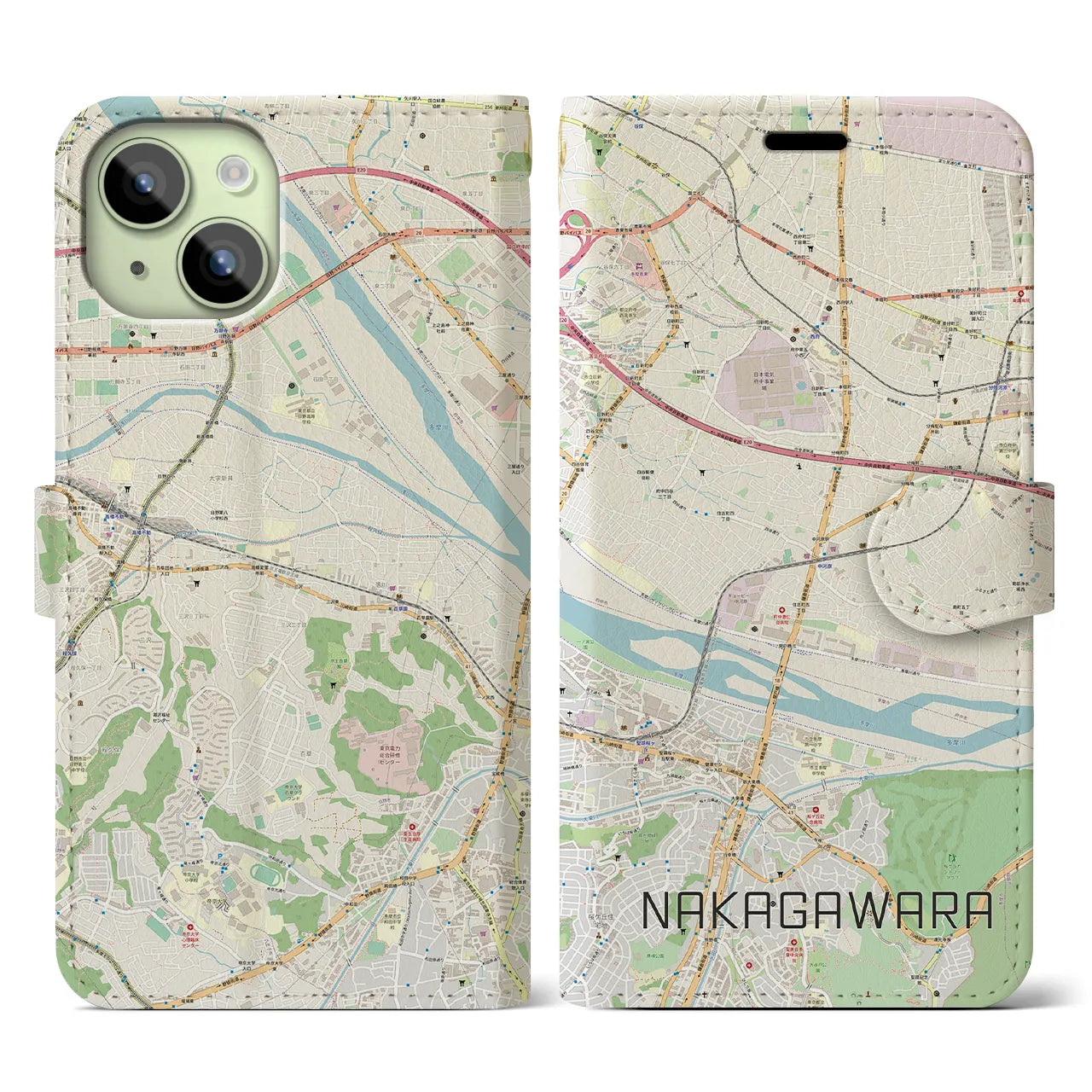 【中河原(東京都)】地図柄iPhoneケース(手帳タイプ)ナチュラル・iPhone 15 用