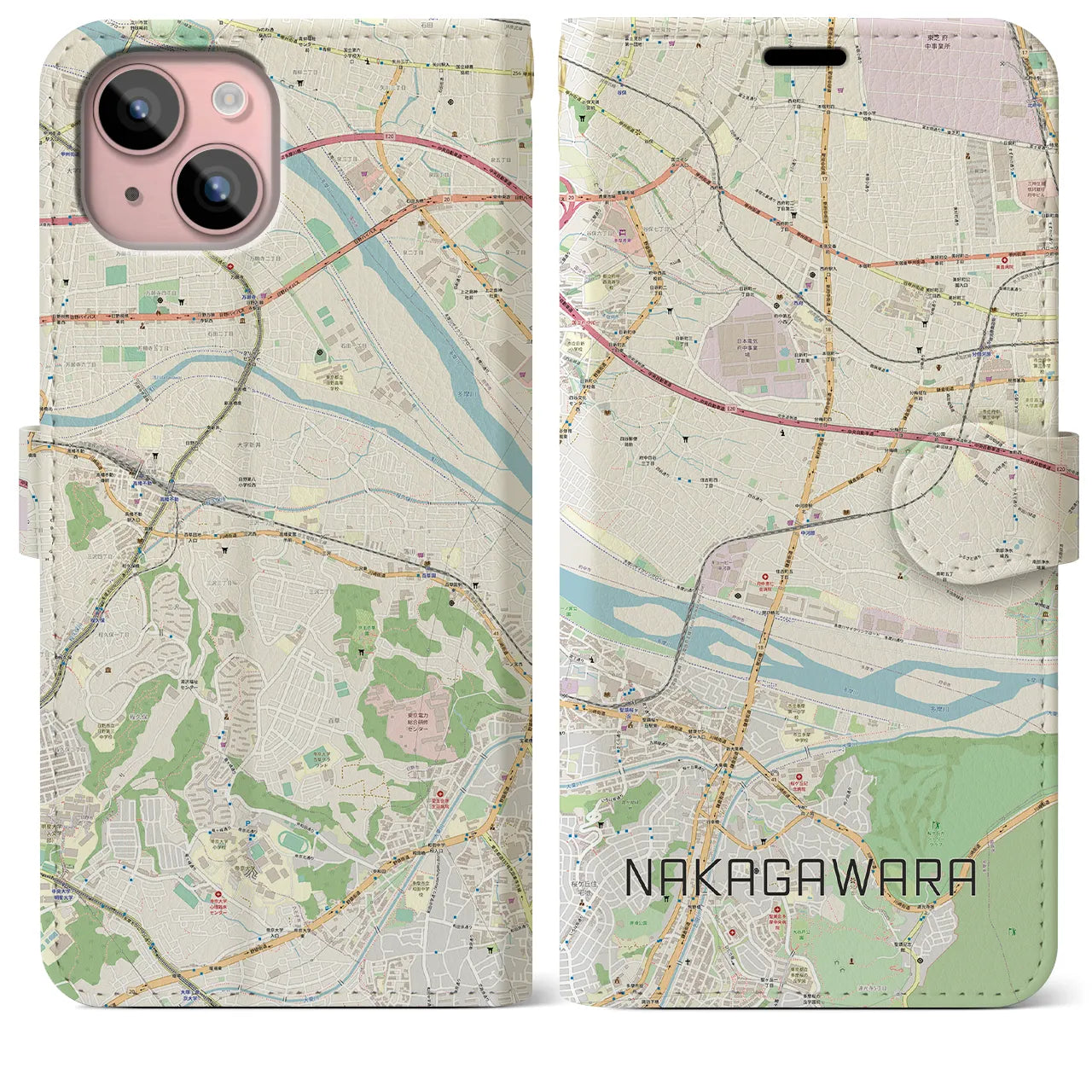 【中河原(東京都)】地図柄iPhoneケース(手帳タイプ)ナチュラル・iPhone 15 Plus 用