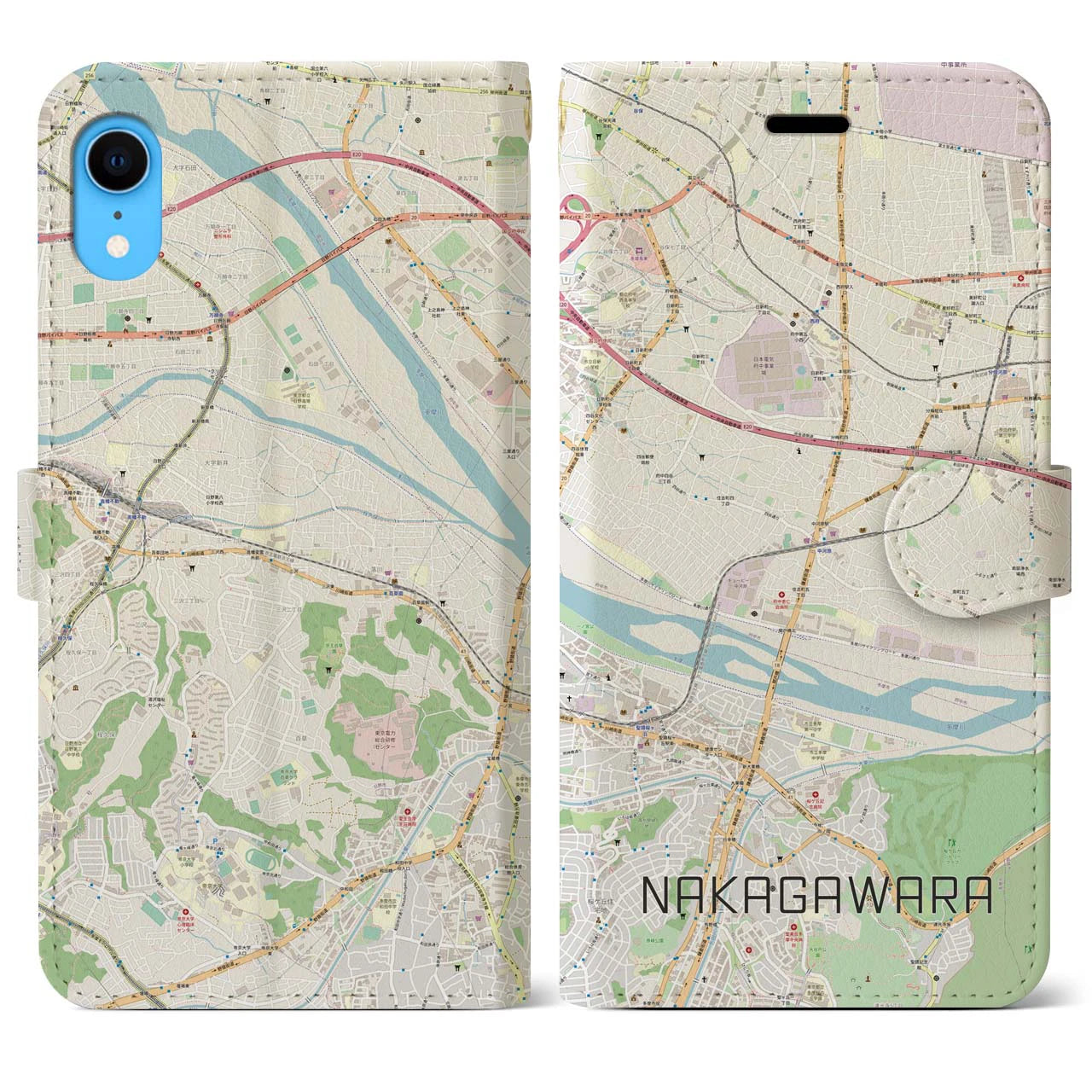 【中河原(東京都)】地図柄iPhoneケース(手帳タイプ)ナチュラル・iPhone XR 用