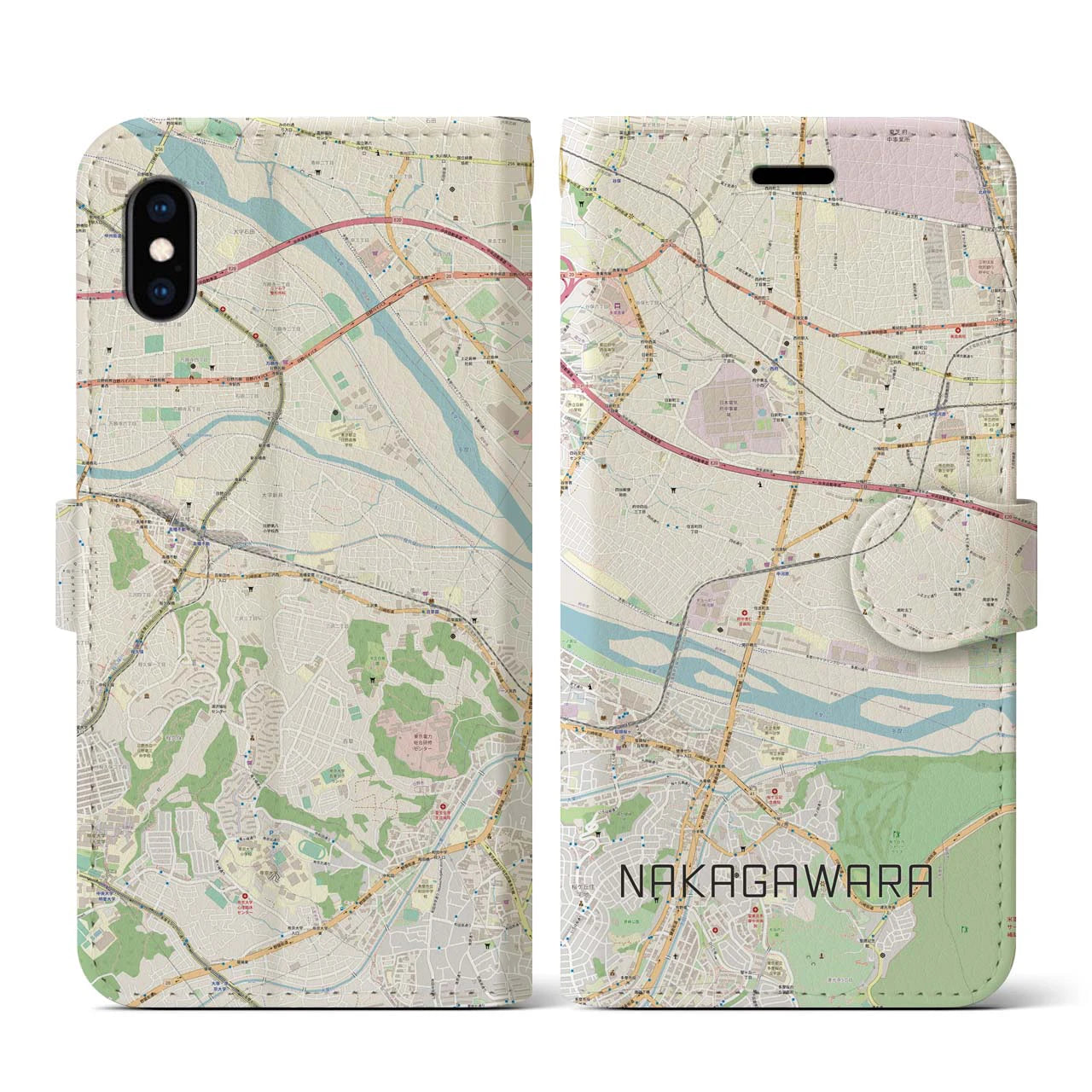 【中河原(東京都)】地図柄iPhoneケース(手帳タイプ)ナチュラル・iPhone XS / X 用