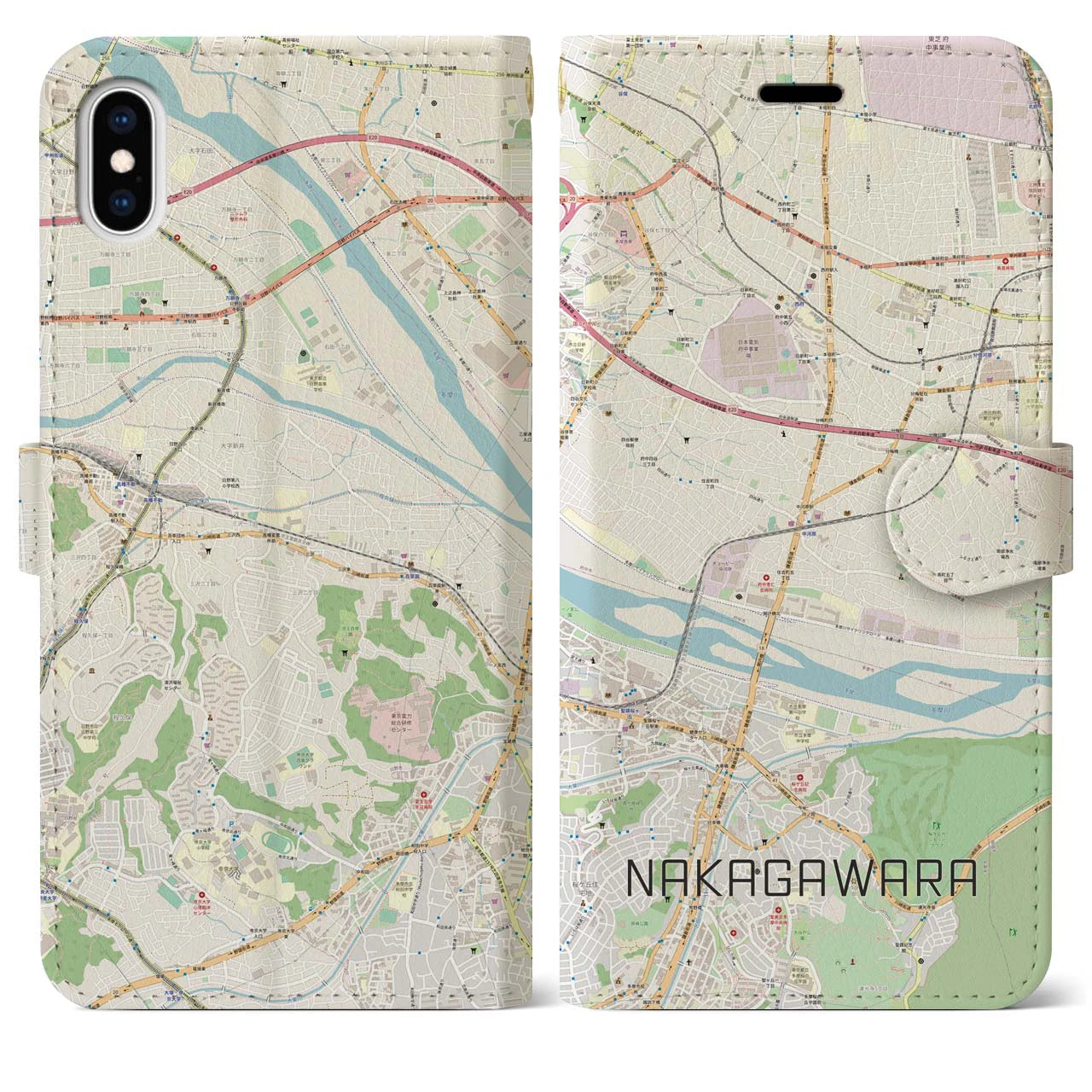 【中河原(東京都)】地図柄iPhoneケース(手帳タイプ)ナチュラル・iPhone XS Max 用