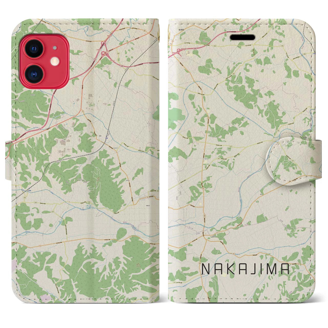 【中島(福島県)】地図柄iPhoneケース(手帳タイプ)ナチュラル・iPhone 11 用