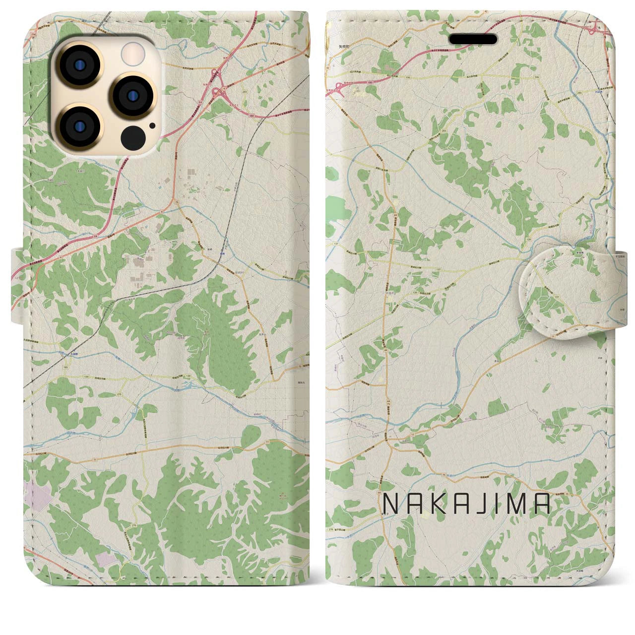 【中島(福島県)】地図柄iPhoneケース(手帳タイプ)ナチュラル・iPhone 12 Pro Max 用