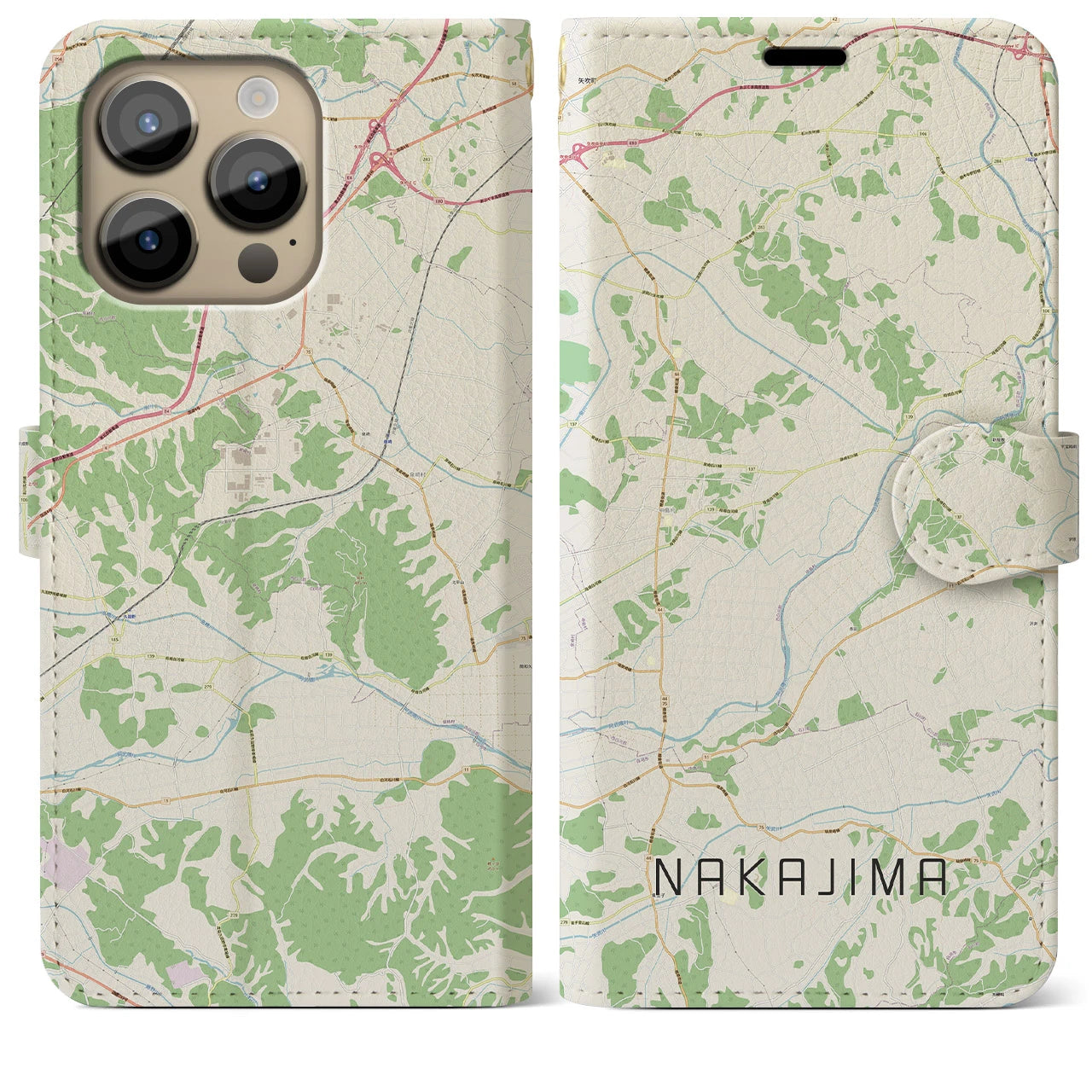 【中島(福島県)】地図柄iPhoneケース(手帳タイプ)ナチュラル・iPhone 14 Pro Max 用