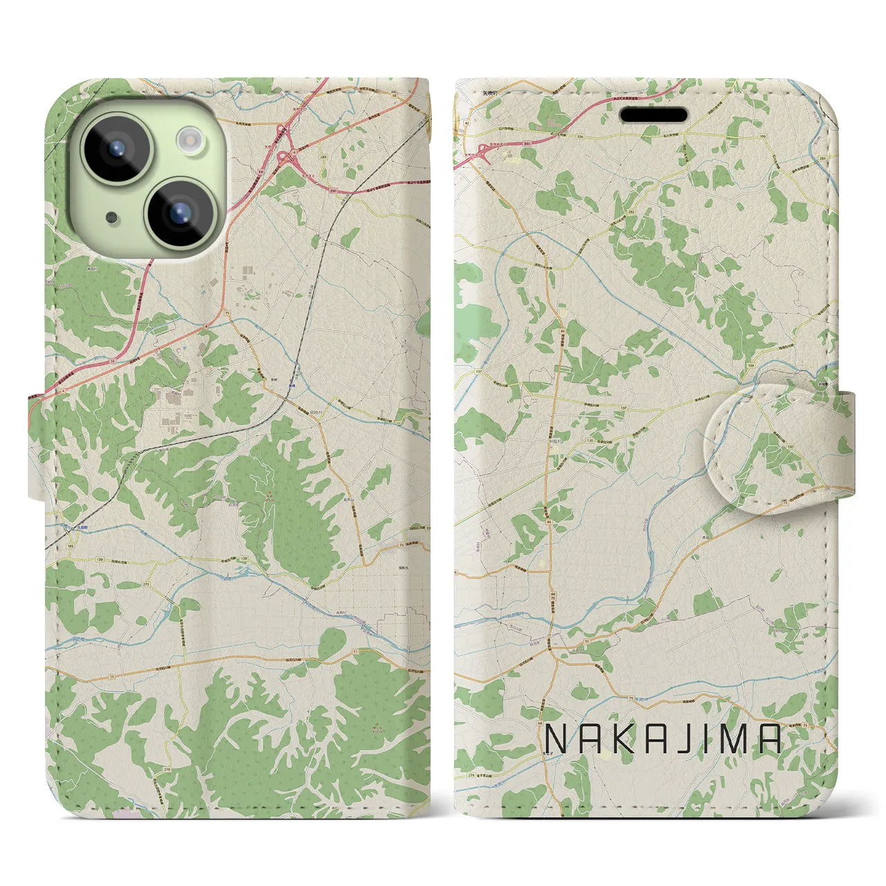 【中島(福島県)】地図柄iPhoneケース(手帳タイプ)ナチュラル・iPhone 15 用