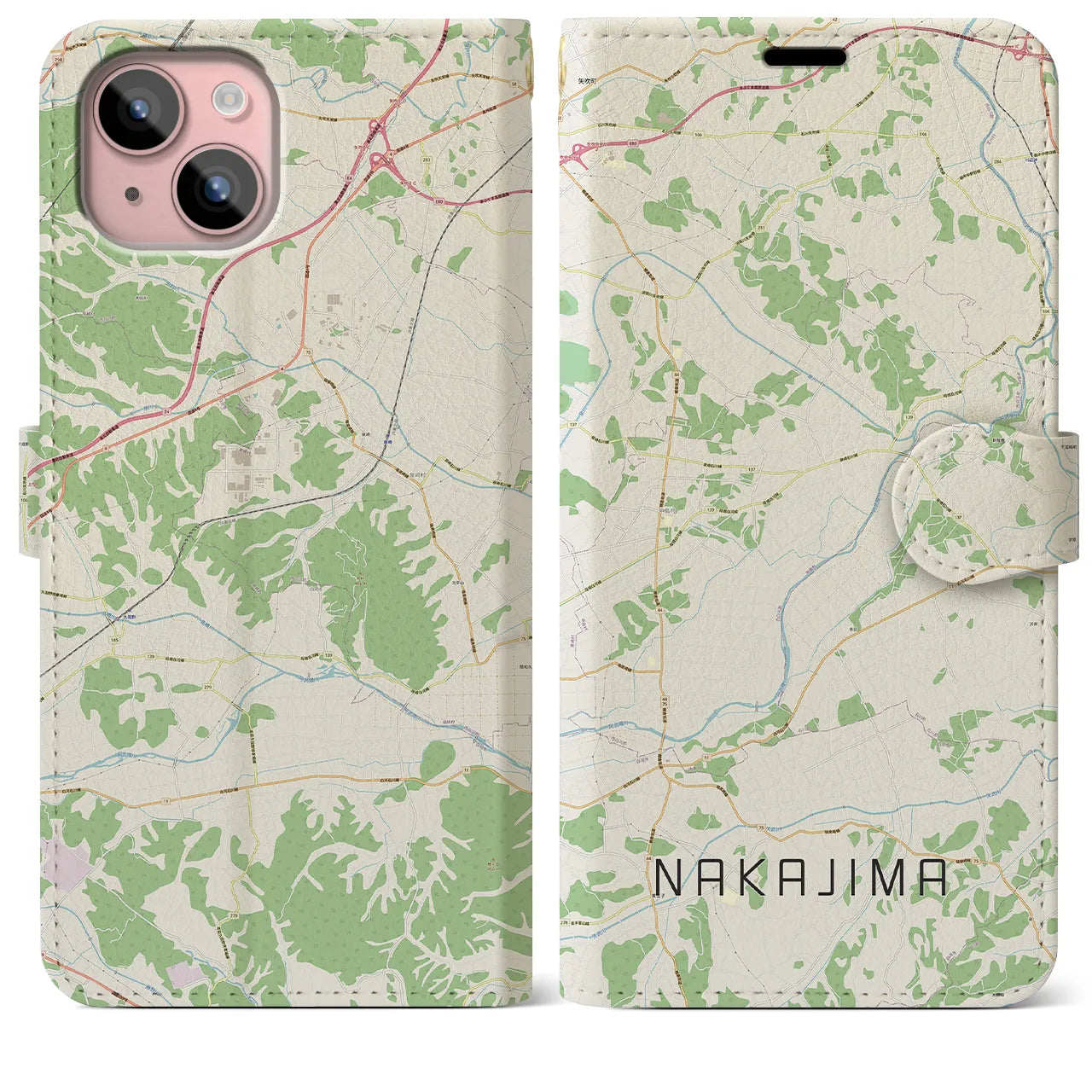 【中島(福島県)】地図柄iPhoneケース(手帳タイプ)ナチュラル・iPhone 15 Plus 用