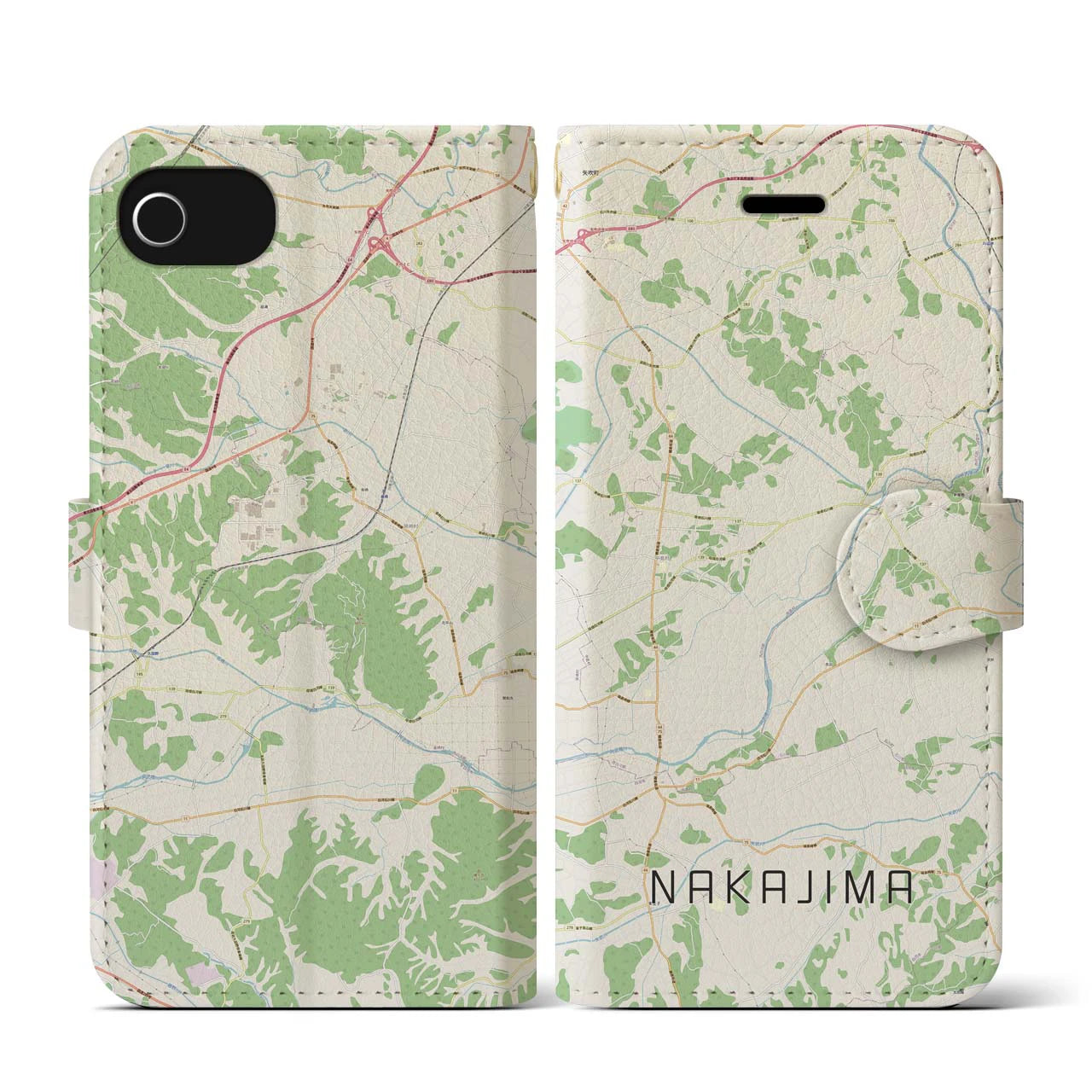 【中島(福島県)】地図柄iPhoneケース(手帳タイプ)ナチュラル・iPhone SE(第3 / 第2世代) / 8 / 7 / 6s / 6 用