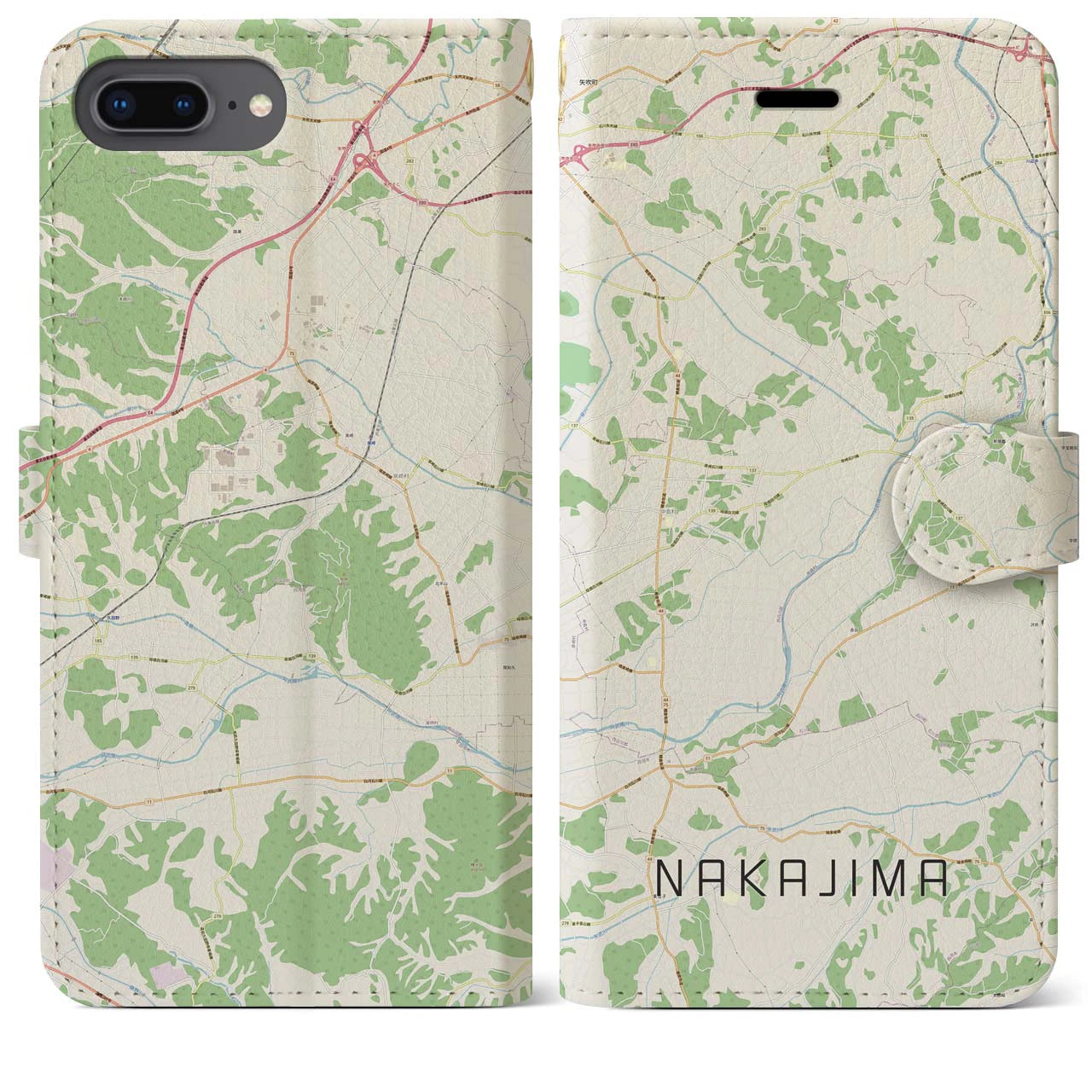 【中島(福島県)】地図柄iPhoneケース(手帳タイプ)ナチュラル・iPhone 8Plus /7Plus / 6sPlus / 6Plus 用
