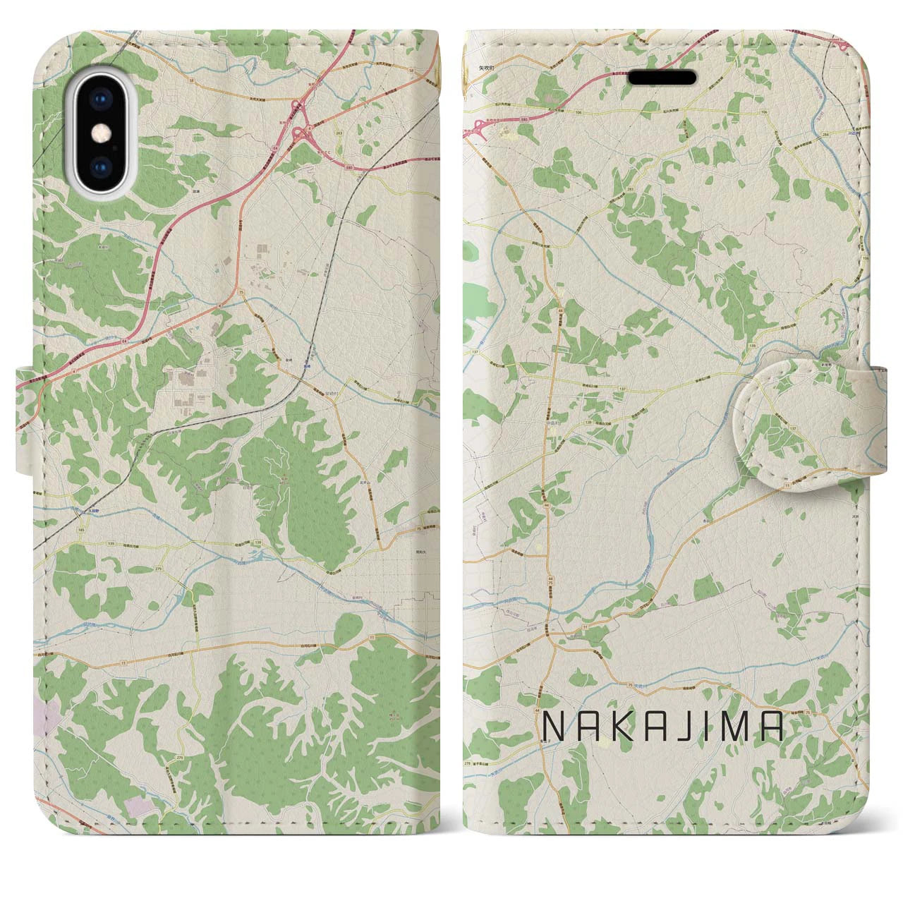 【中島(福島県)】地図柄iPhoneケース(手帳タイプ)ナチュラル・iPhone XS Max 用