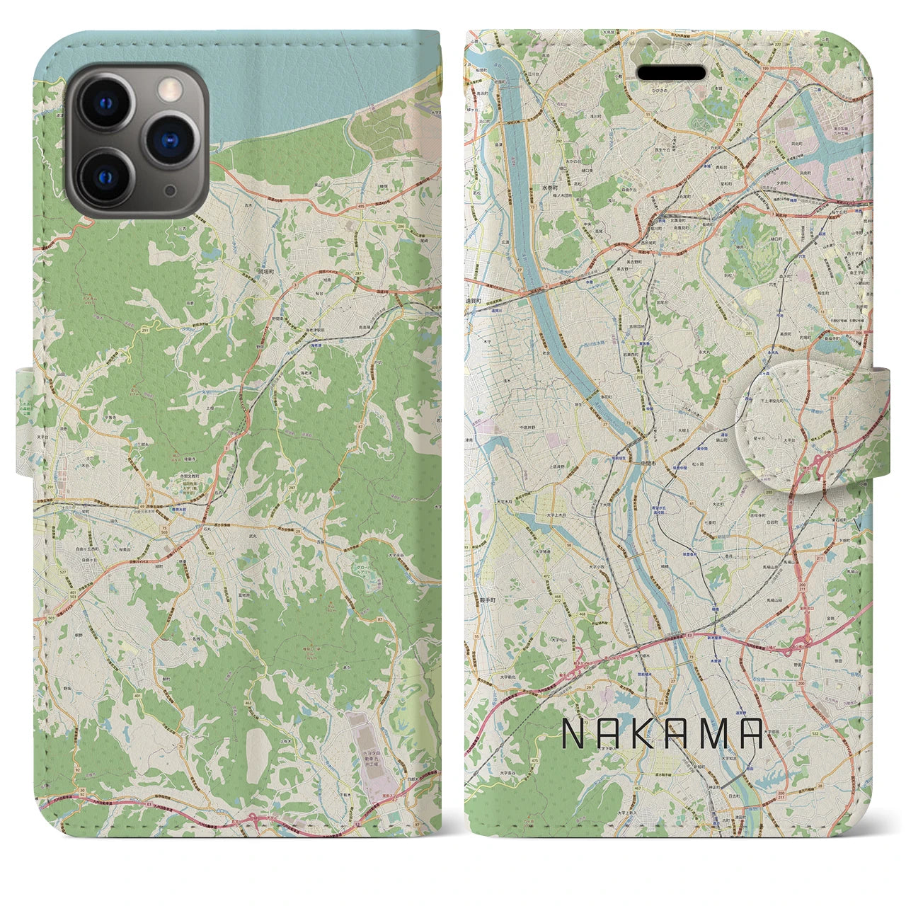 【中間(福岡県)】地図柄iPhoneケース(手帳タイプ)ナチュラル・iPhone 11 Pro Max 用