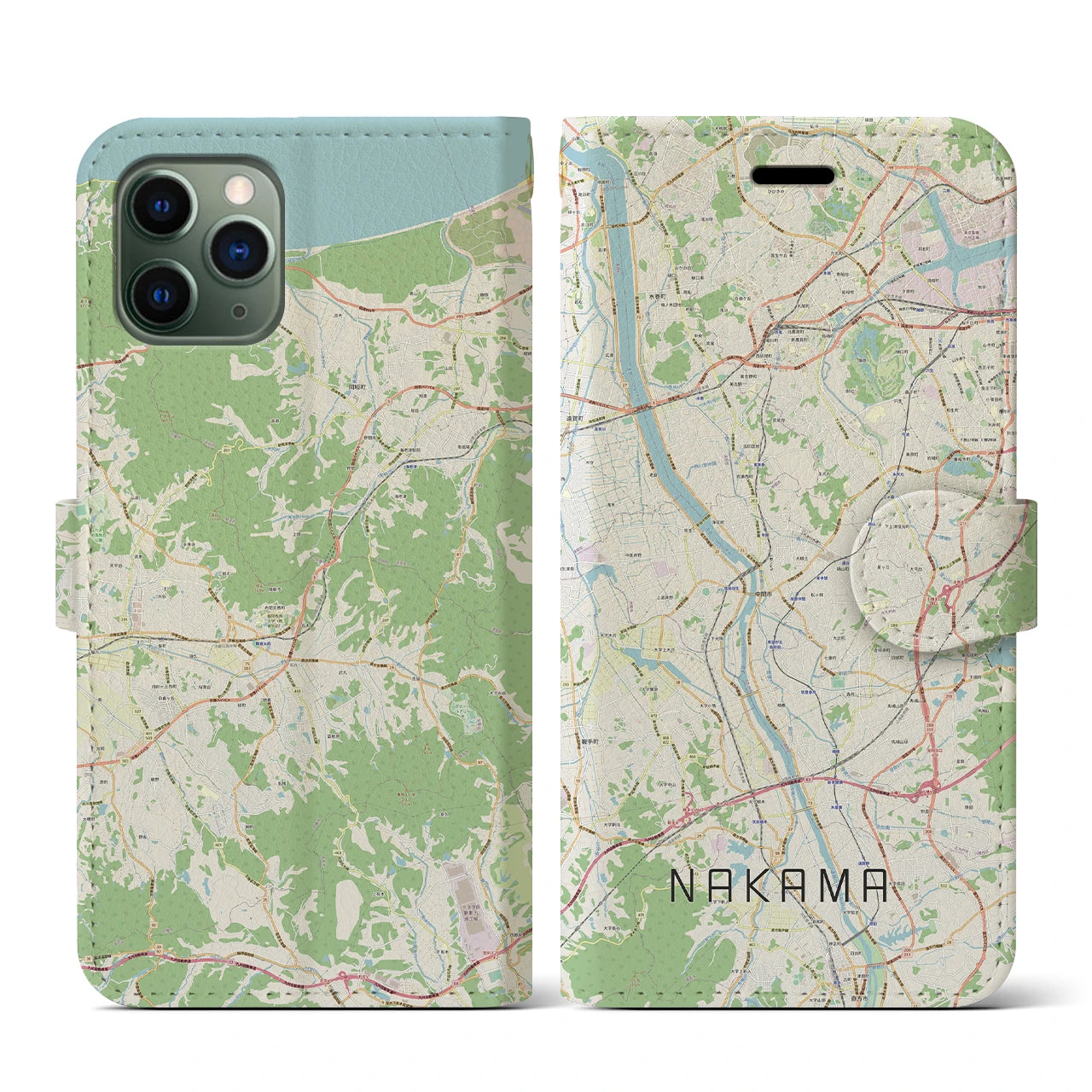 【中間(福岡県)】地図柄iPhoneケース(手帳タイプ)ナチュラル・iPhone 11 Pro 用
