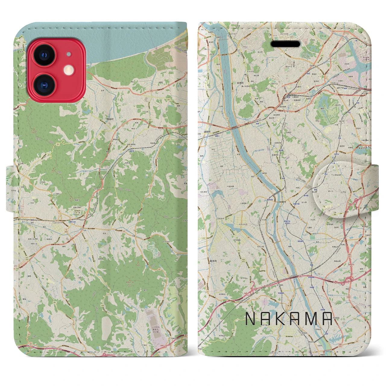 【中間(福岡県)】地図柄iPhoneケース(手帳タイプ)ナチュラル・iPhone 11 用