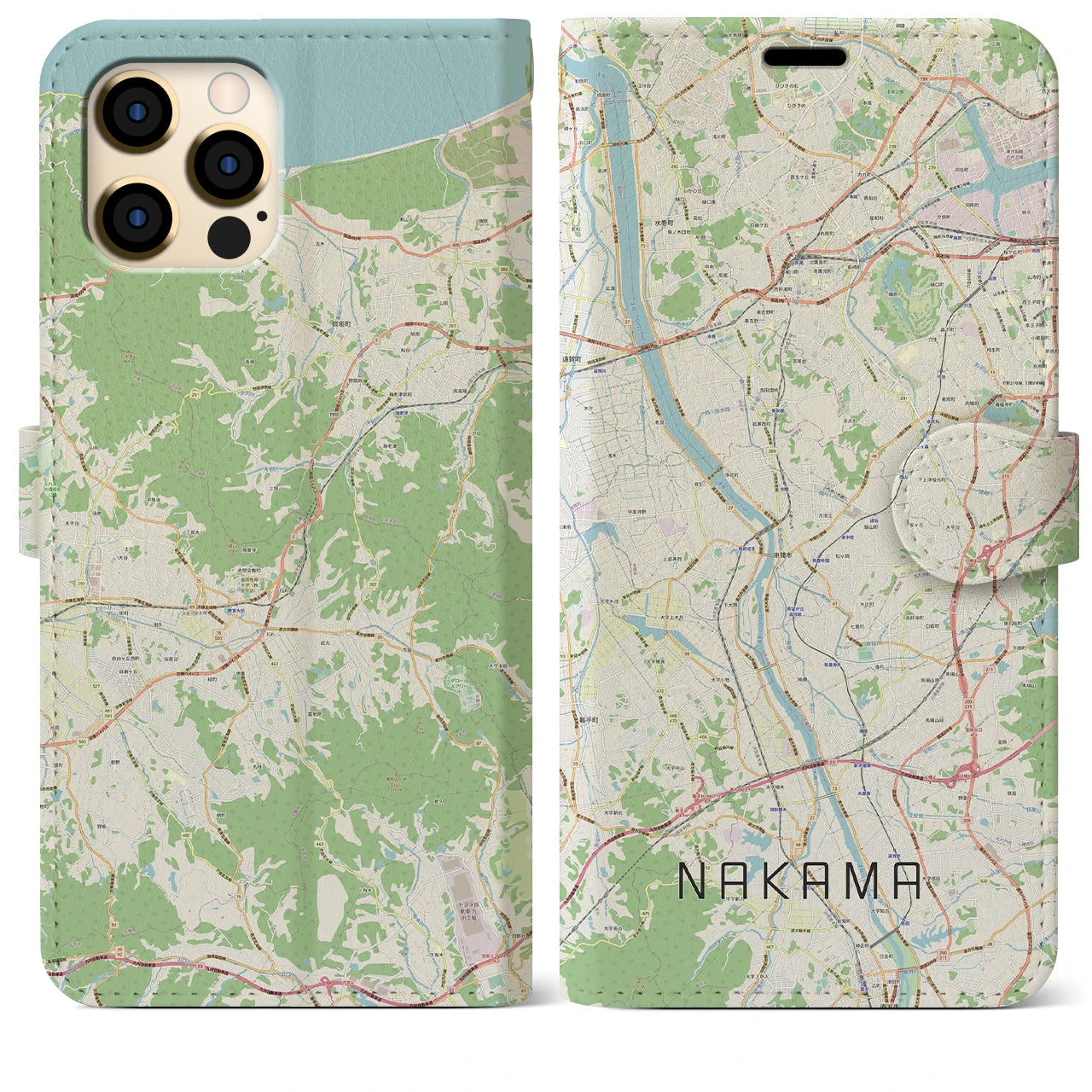 【中間(福岡県)】地図柄iPhoneケース(手帳タイプ)ナチュラル・iPhone 12 Pro Max 用