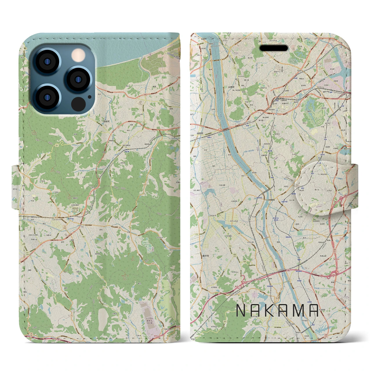 【中間(福岡県)】地図柄iPhoneケース(手帳タイプ)ナチュラル・iPhone 12 / 12 Pro 用