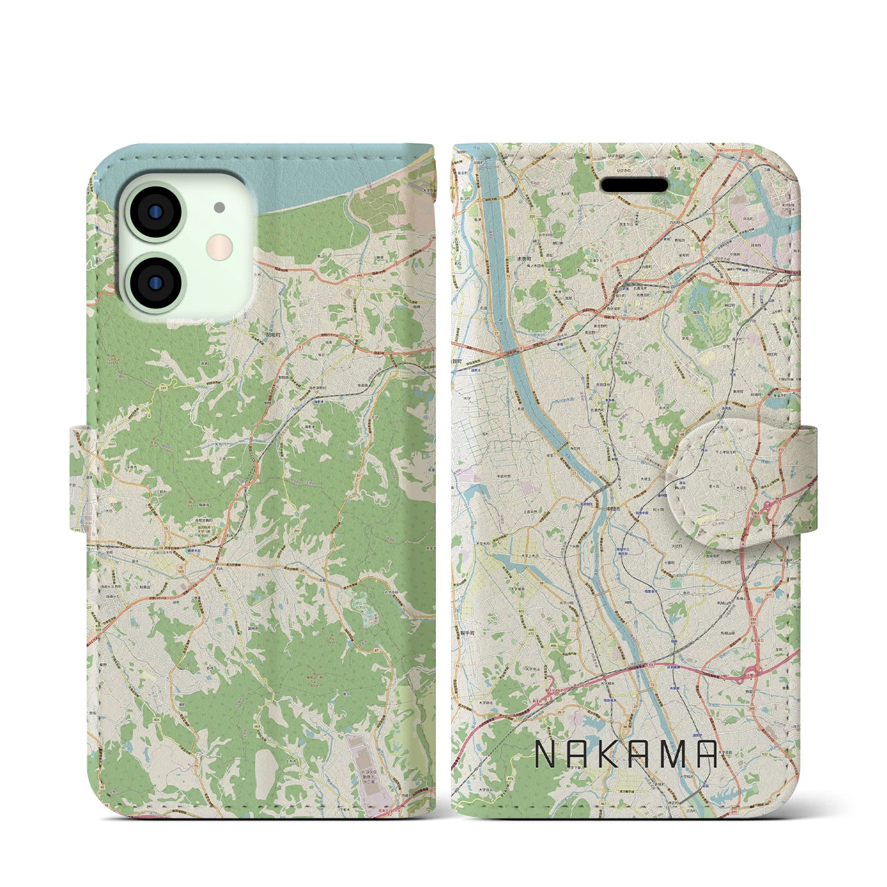 【中間(福岡県)】地図柄iPhoneケース(手帳タイプ)ナチュラル・iPhone 12 mini 用