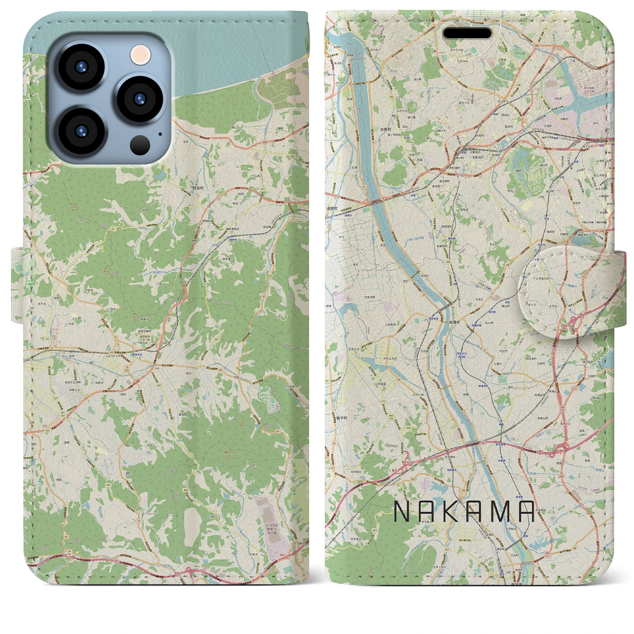 【中間(福岡県)】地図柄iPhoneケース(手帳タイプ)ナチュラル・iPhone 13 Pro Max 用