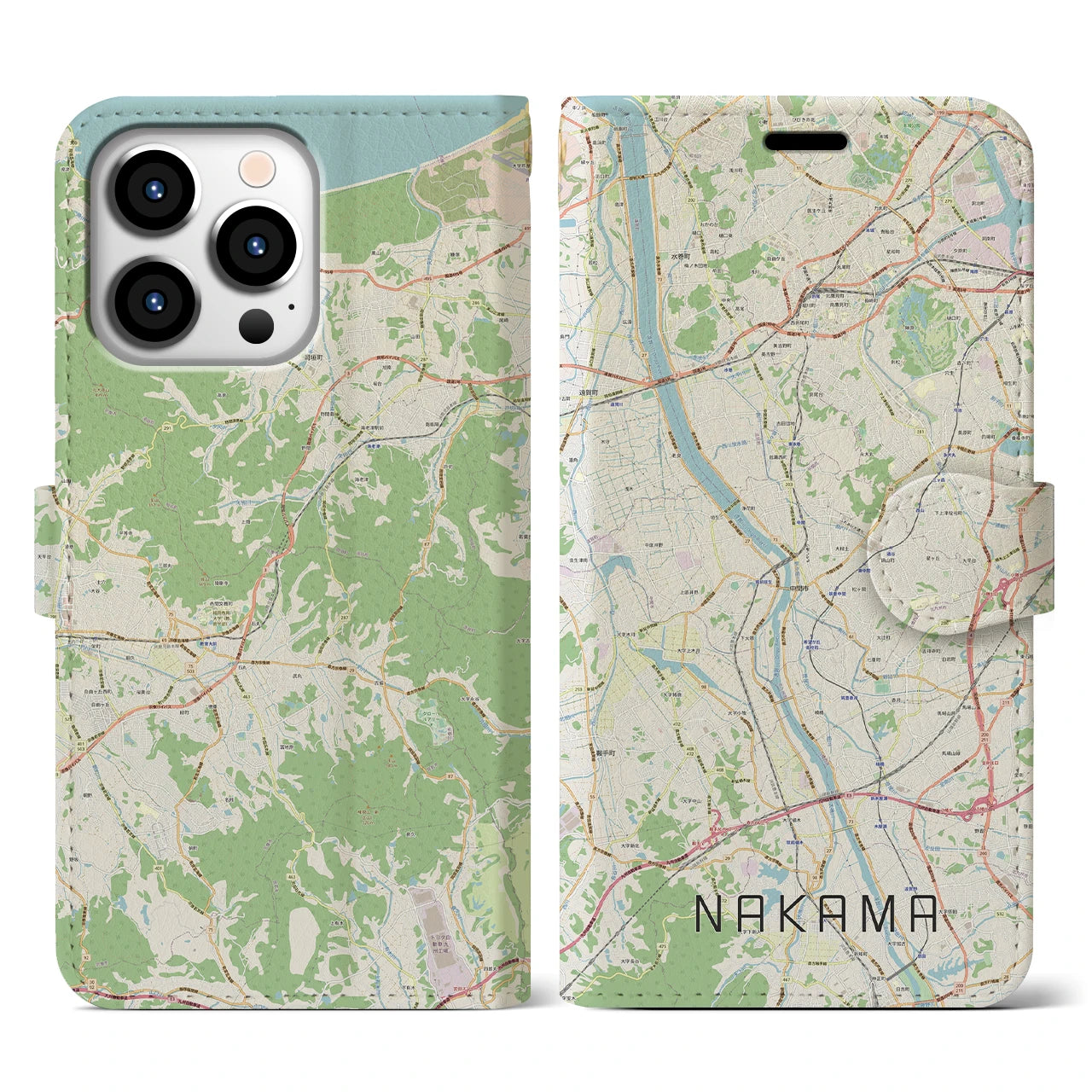 【中間(福岡県)】地図柄iPhoneケース(手帳タイプ)ナチュラル・iPhone 13 Pro 用