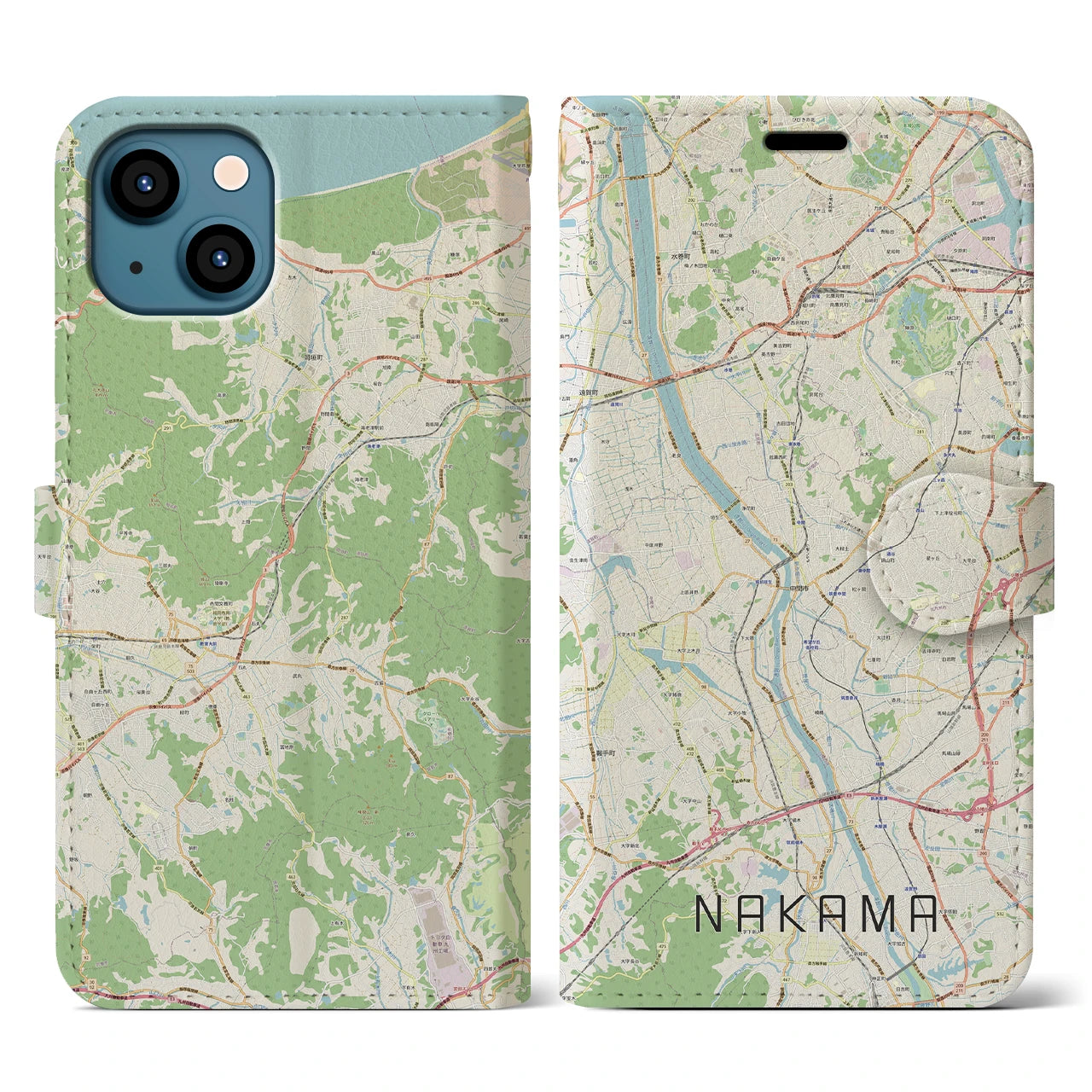 【中間(福岡県)】地図柄iPhoneケース(手帳タイプ)ナチュラル・iPhone 13 用
