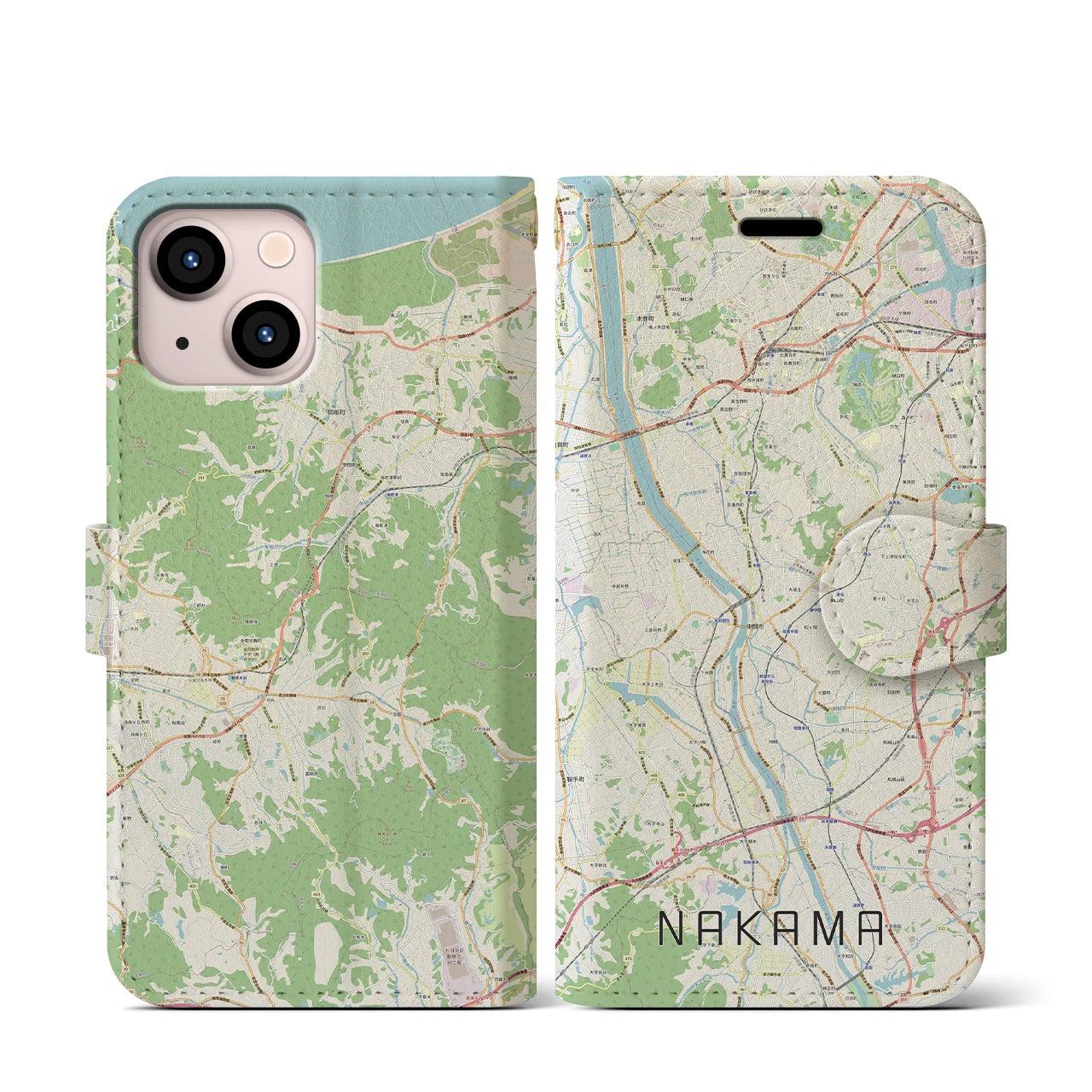 【中間(福岡県)】地図柄iPhoneケース(手帳タイプ)ナチュラル・iPhone 13 mini 用