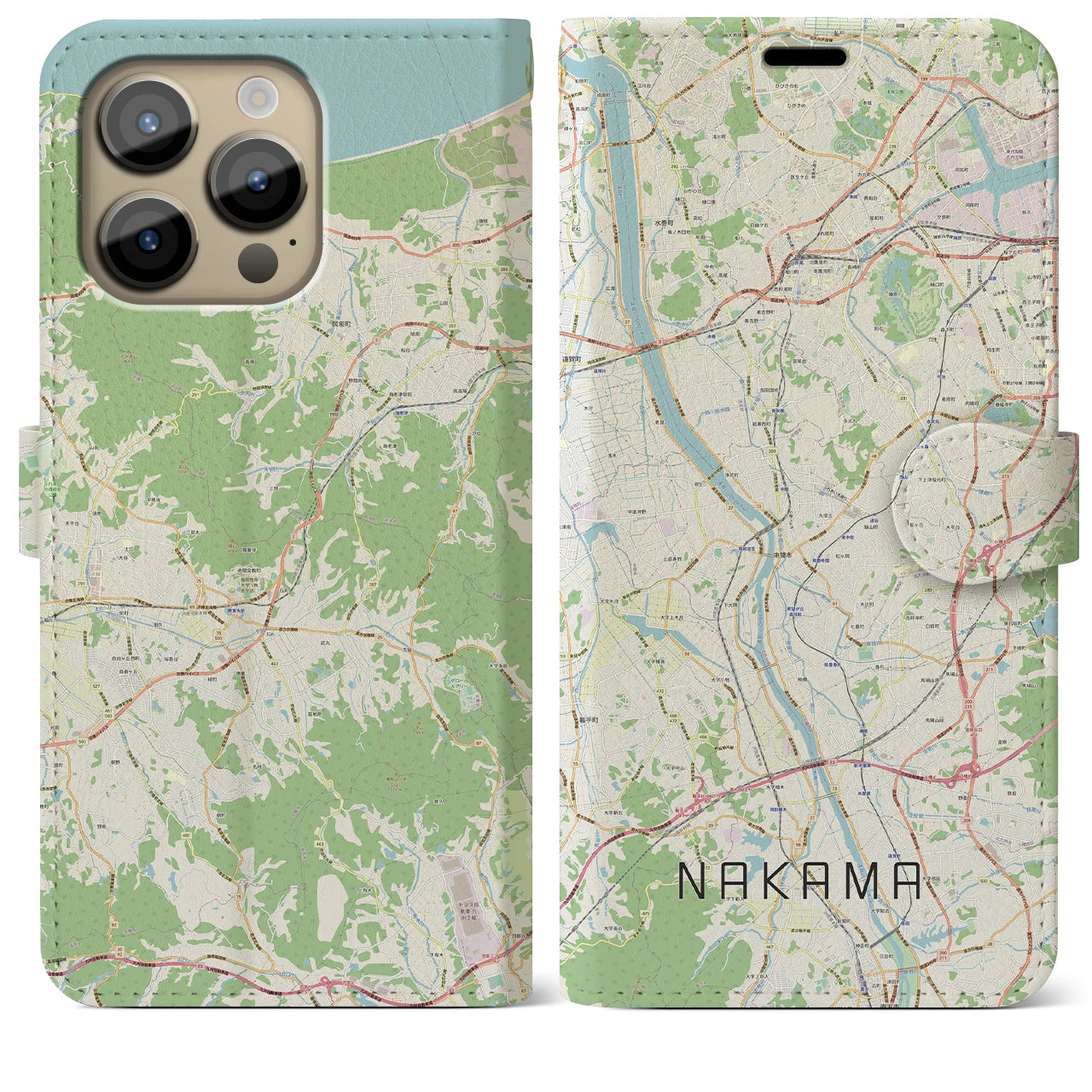 【中間(福岡県)】地図柄iPhoneケース(手帳タイプ)ナチュラル・iPhone 14 Pro Max 用