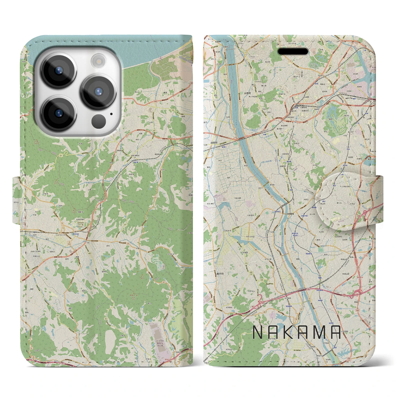 【中間(福岡県)】地図柄iPhoneケース(手帳タイプ)ナチュラル・iPhone 14 Pro 用