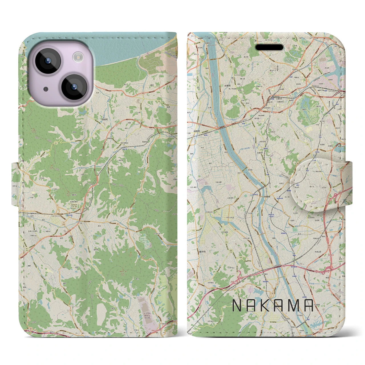 【中間(福岡県)】地図柄iPhoneケース(手帳タイプ)ナチュラル・iPhone 14 用