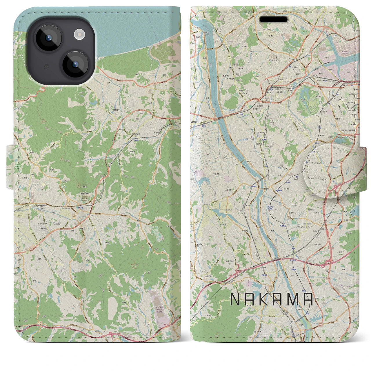 【中間(福岡県)】地図柄iPhoneケース(手帳タイプ)ナチュラル・iPhone 14 Plus 用