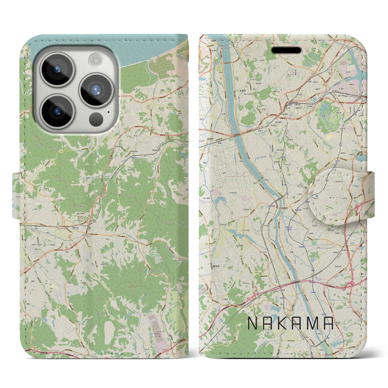 【中間(福岡県)】地図柄iPhoneケース(手帳タイプ)ナチュラル・iPhone 15 Pro 用