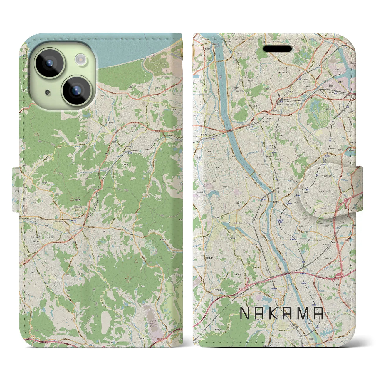 【中間(福岡県)】地図柄iPhoneケース(手帳タイプ)ナチュラル・iPhone 15 用