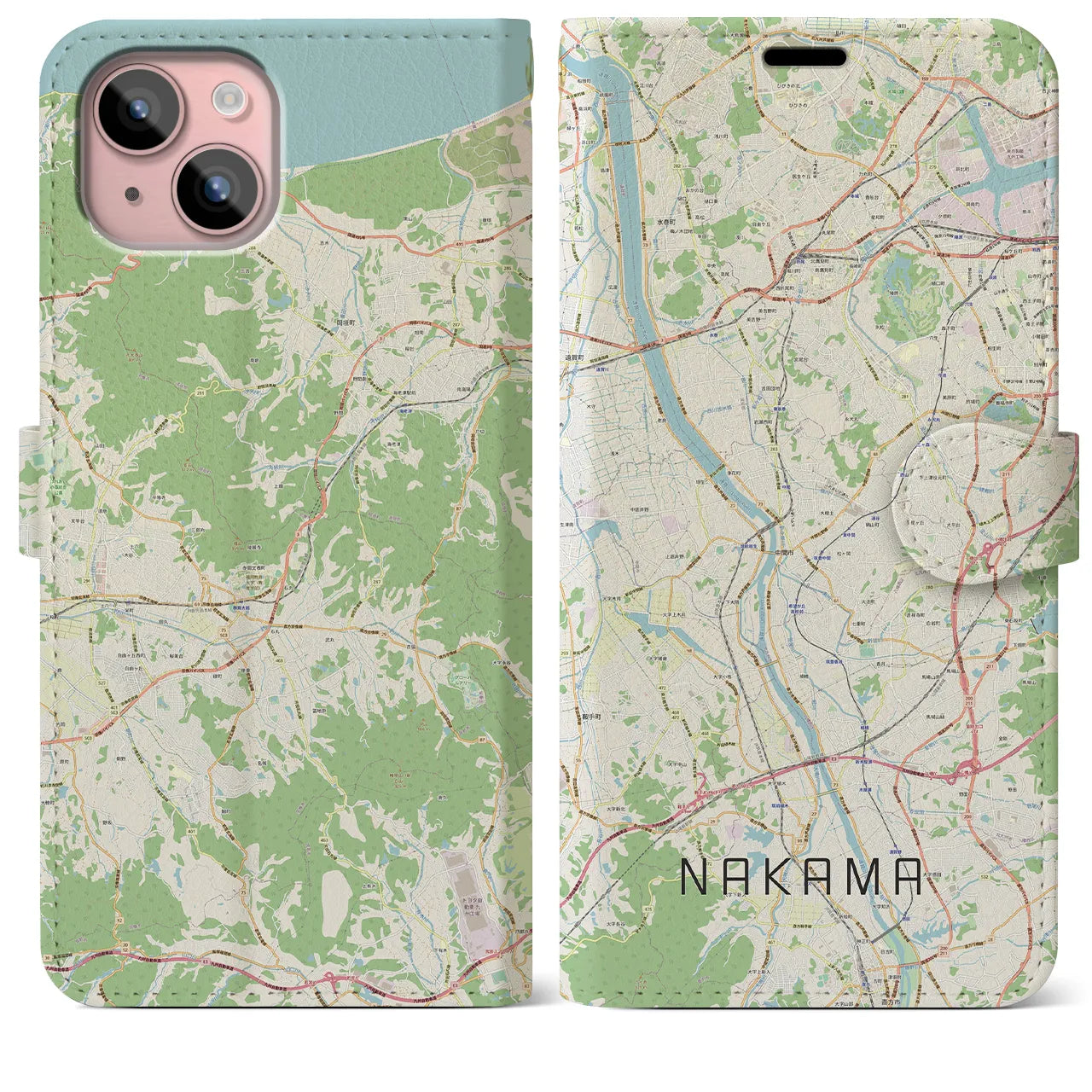 【中間(福岡県)】地図柄iPhoneケース(手帳タイプ)ナチュラル・iPhone 15 Plus 用