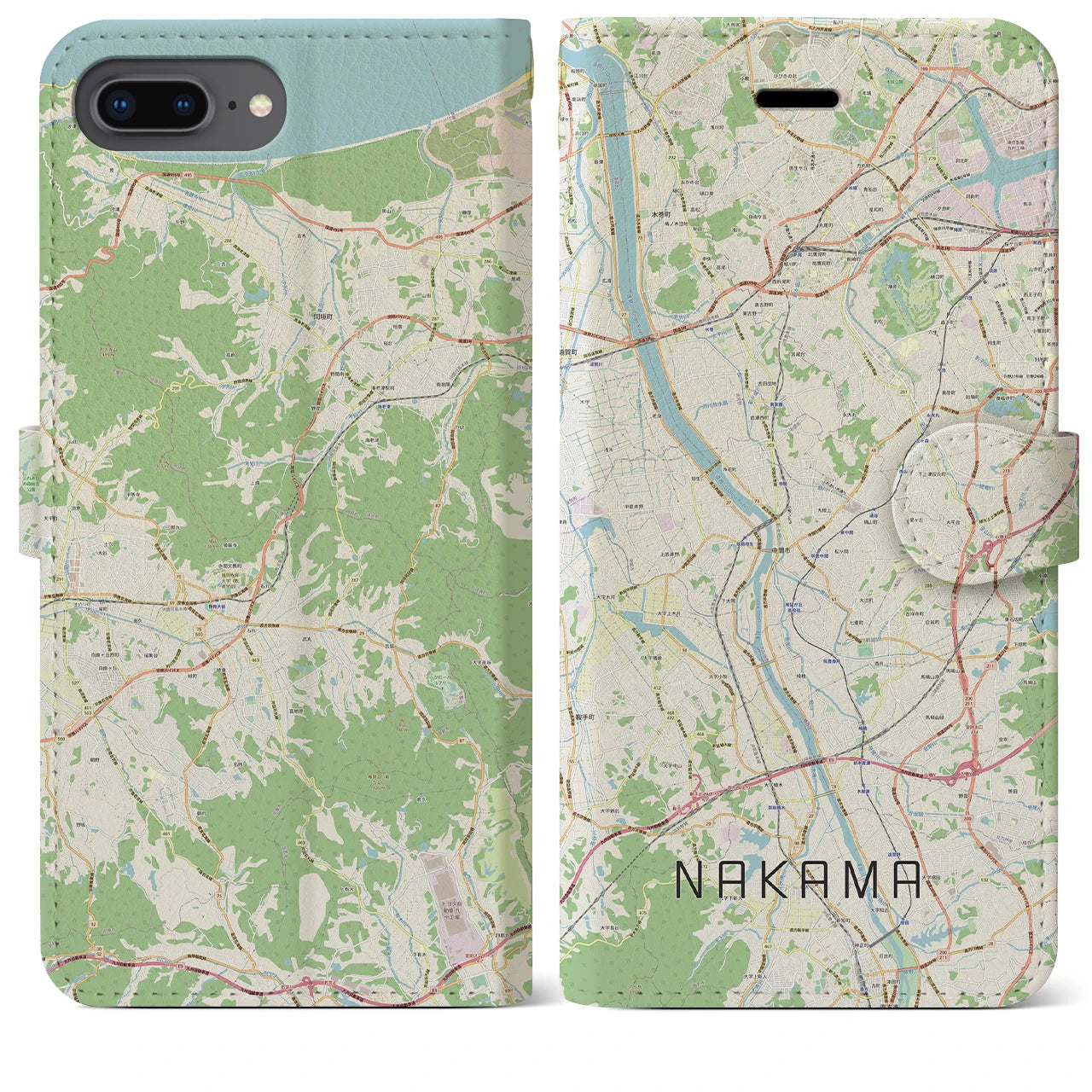【中間(福岡県)】地図柄iPhoneケース(手帳タイプ)ナチュラル・iPhone 8Plus /7Plus / 6sPlus / 6Plus 用