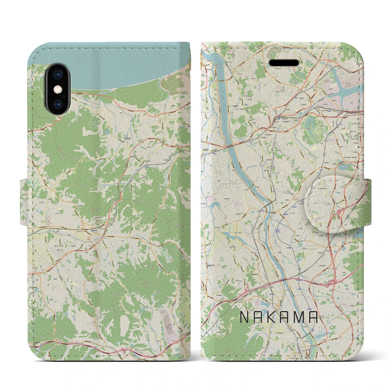 【中間(福岡県)】地図柄iPhoneケース(手帳タイプ)ナチュラル・iPhone XS / X 用