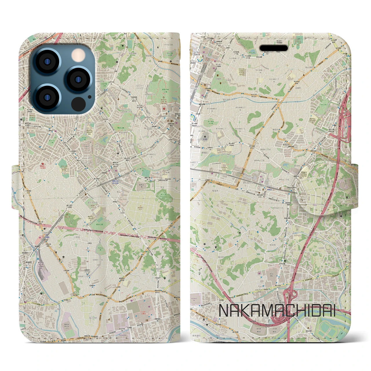 【仲町台(神奈川県)】地図柄iPhoneケース(手帳タイプ)ナチュラル・iPhone 12 / 12 Pro 用