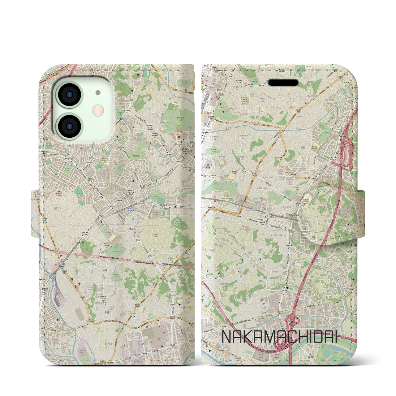 【仲町台(神奈川県)】地図柄iPhoneケース(手帳タイプ)ナチュラル・iPhone 12 mini 用