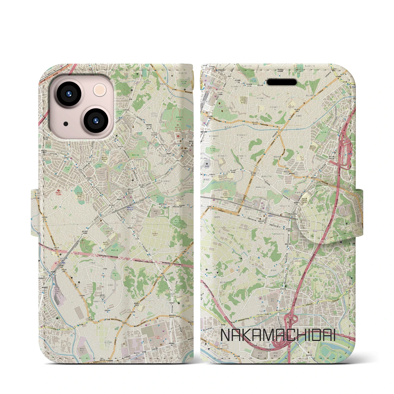 【仲町台(神奈川県)】地図柄iPhoneケース(手帳タイプ)ナチュラル・iPhone 13 mini 用