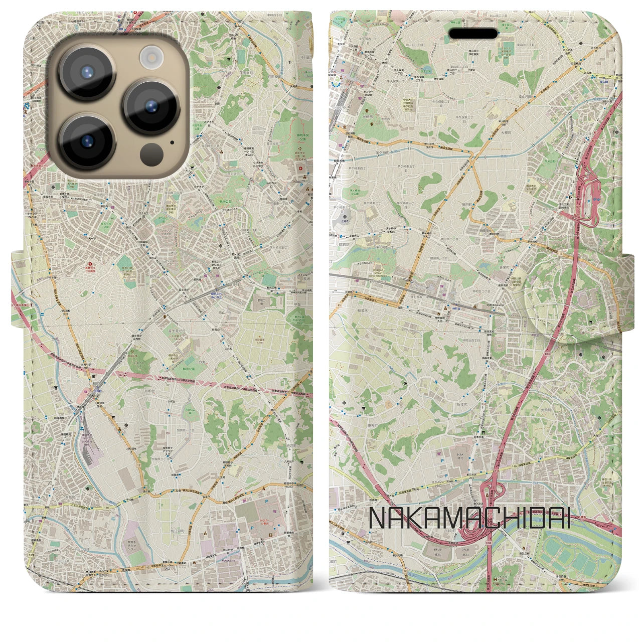 【仲町台(神奈川県)】地図柄iPhoneケース(手帳タイプ)ナチュラル・iPhone 14 Pro Max 用