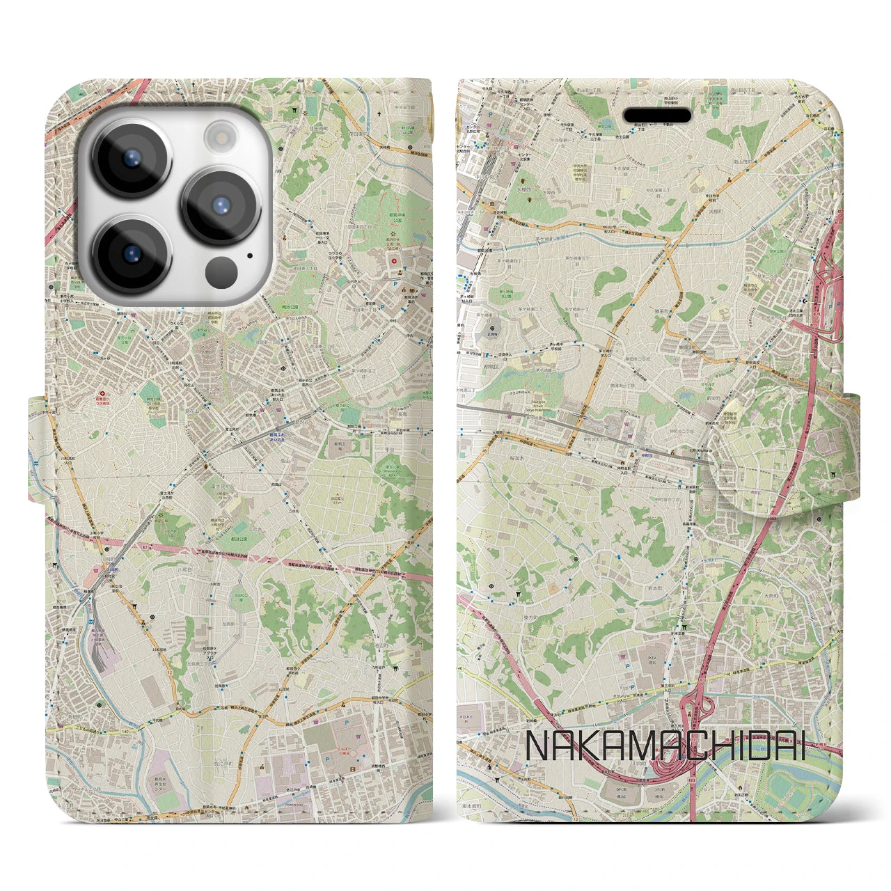 【仲町台(神奈川県)】地図柄iPhoneケース(手帳タイプ)ナチュラル・iPhone 14 Pro 用